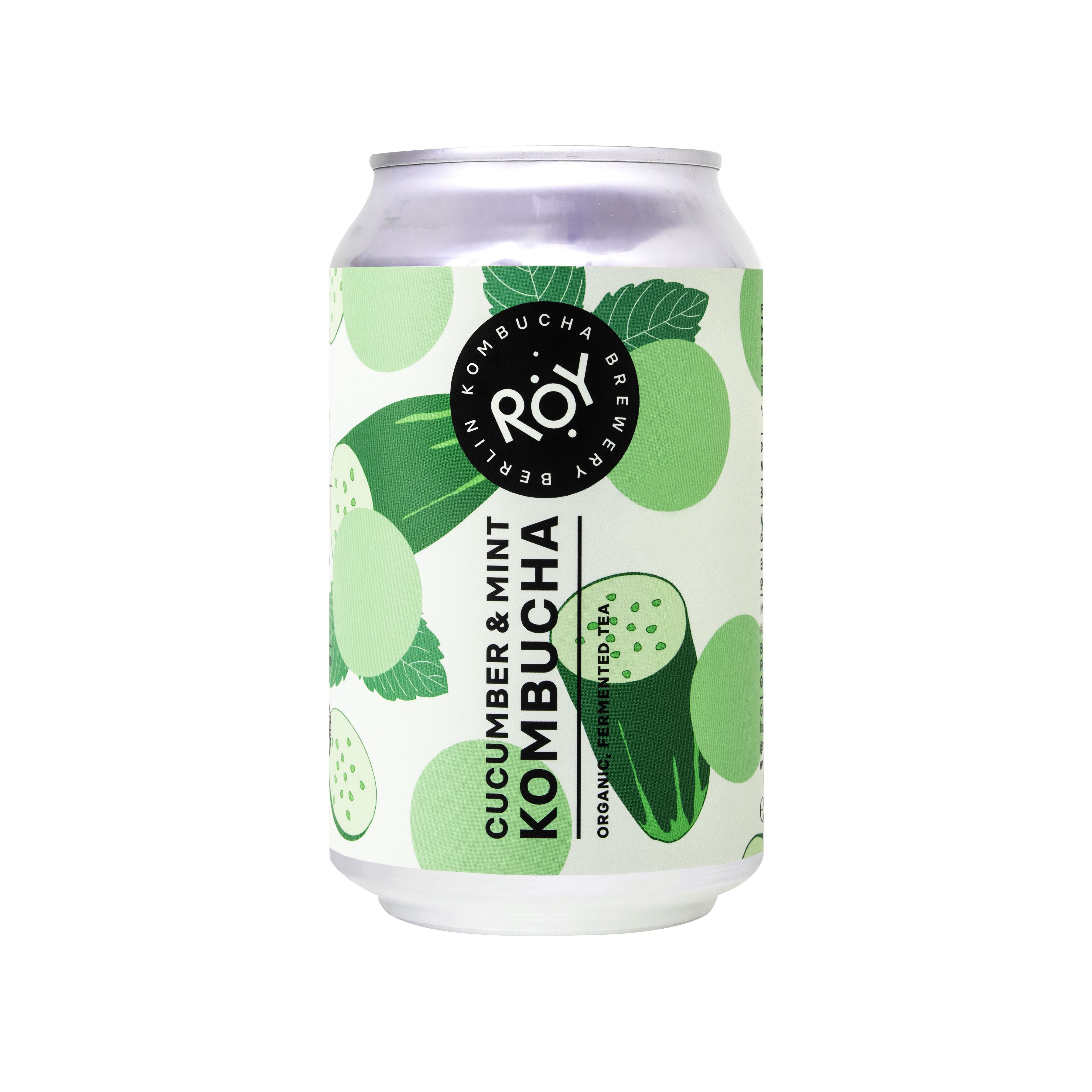 Kombucha-Dose mit Aufdruck. Logo: ROY. Aufschrift: Cucumber & Mint Kombucha. Abbildung von Gurken und Minzblättern.