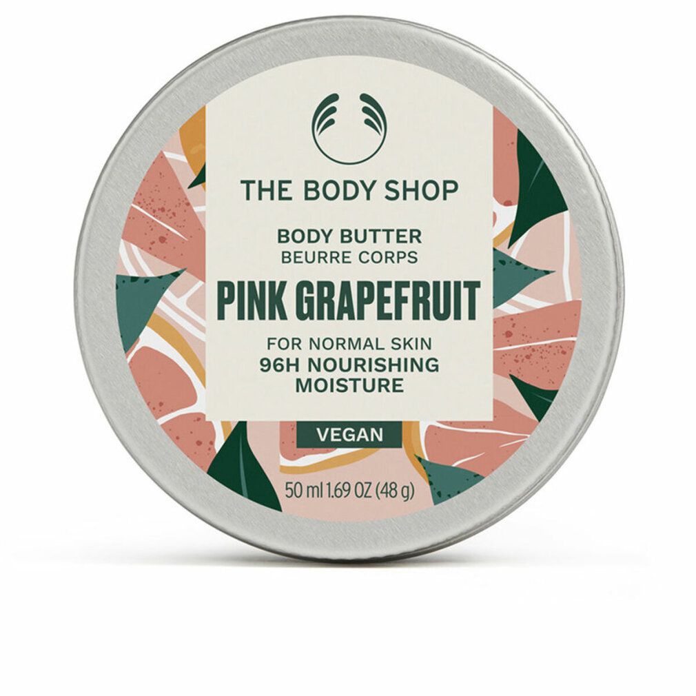 Runder Behälter mit Deckel. Aufschrift: Pink Grapefruit Body Butter, für normale Haut, 96H Feuchtigkeit. Vegan-Logo.