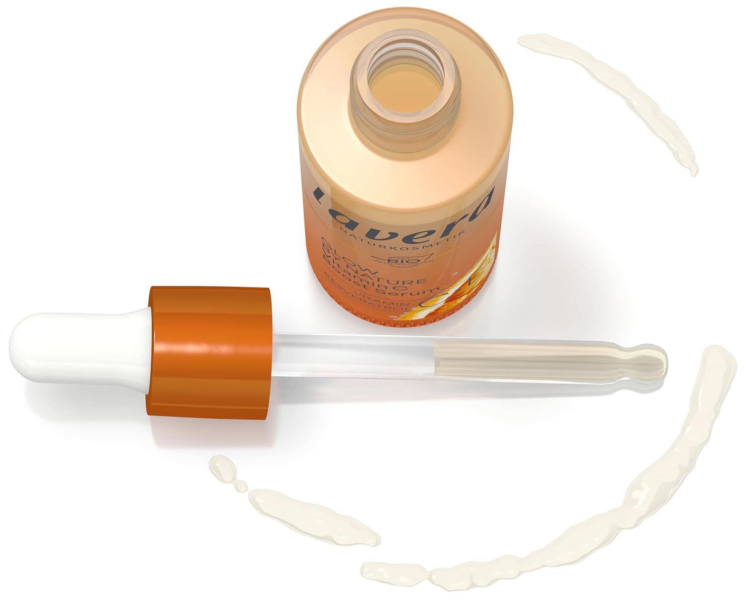 Serumflasche mit Pipette und Produktspuren. Flasche mit orangefarbenem Deckel, Pipette mit weißer Spitze. Produktspuren um die Flasche.