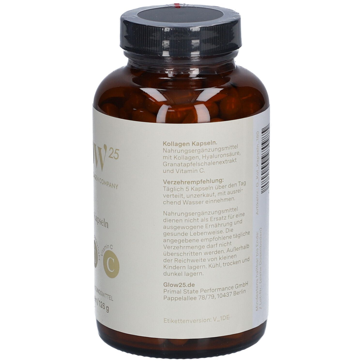 Rückseite einer braunen Glasflasche mit Etikett. Enthält Anwendungshinweise. Marke: Glow25.