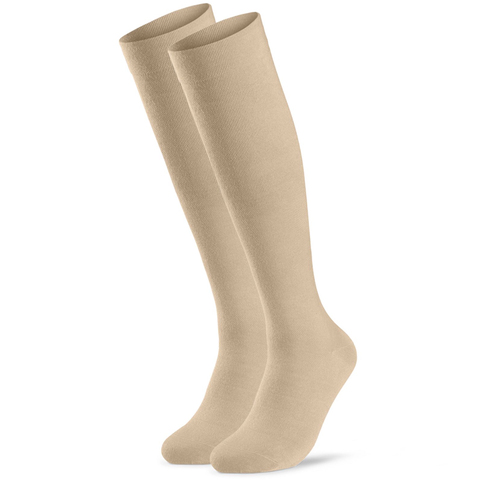 Zwei beige Kompressionsstrümpfe. Kniestrümpfe aus Stoff, ohne erkennbare Details.