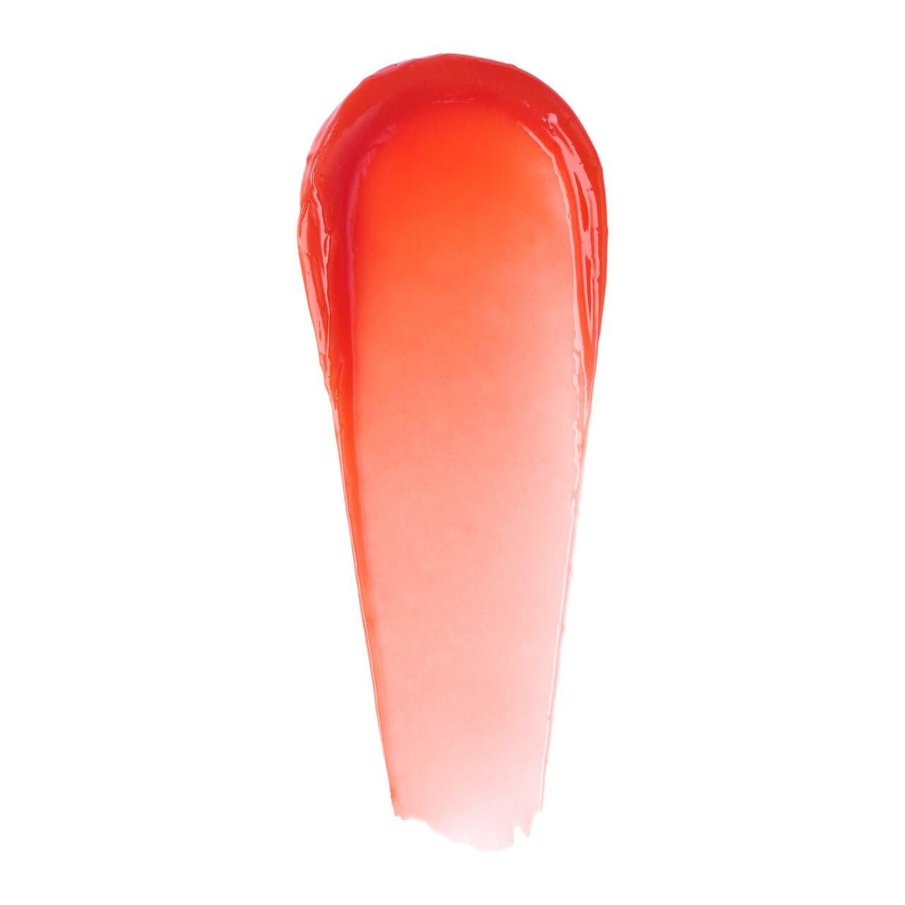 Orangener Lippenstift-Swirl auf weißem Hintergrund. Die Textur ist glänzend und transparent.