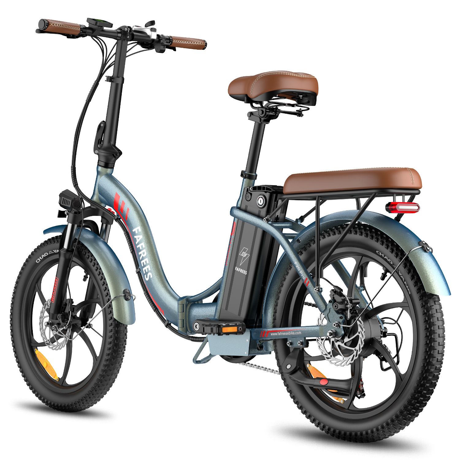 Faltbares E-Bike mit breiten Reifen. Blau-grauer Rahmen, brauner Sattel. Marke FAFREES, Akku am Rahmen.