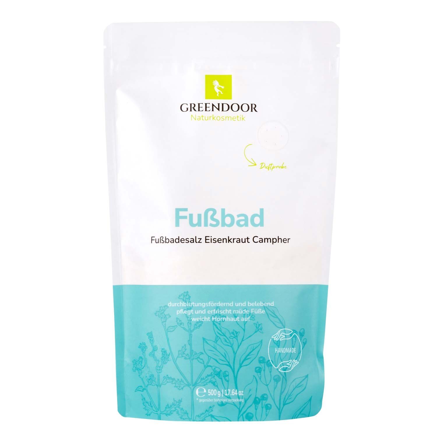 GREENDOOR Fußbad Campher Eisenkraut, 500g Beutel mit Kräutermotiv.