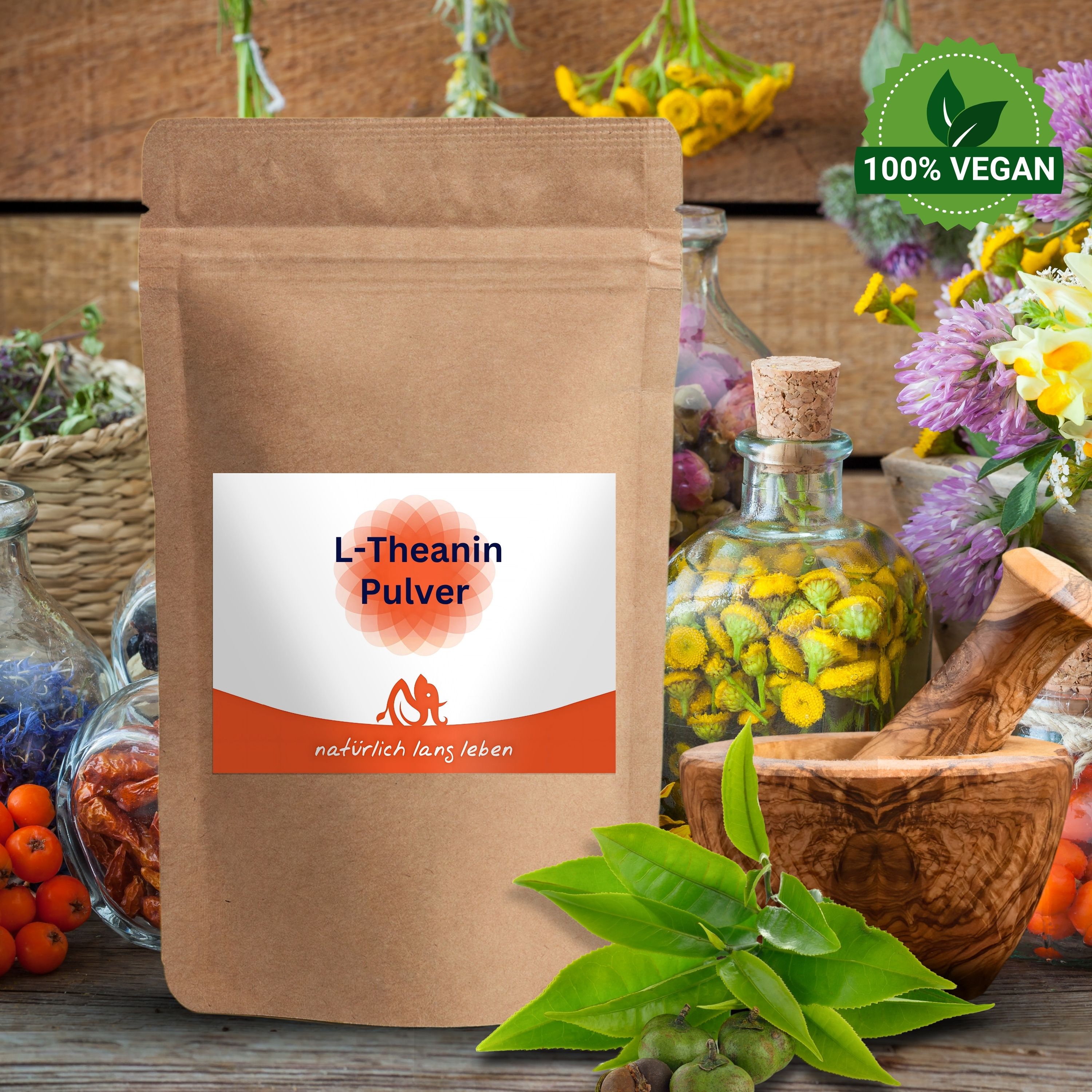 Braune Pulververpackung mit Etikett. Aufschrift: L-Theanin Pulver. Logo und Schriftzug: natürlich lang leben. 100% vegan.