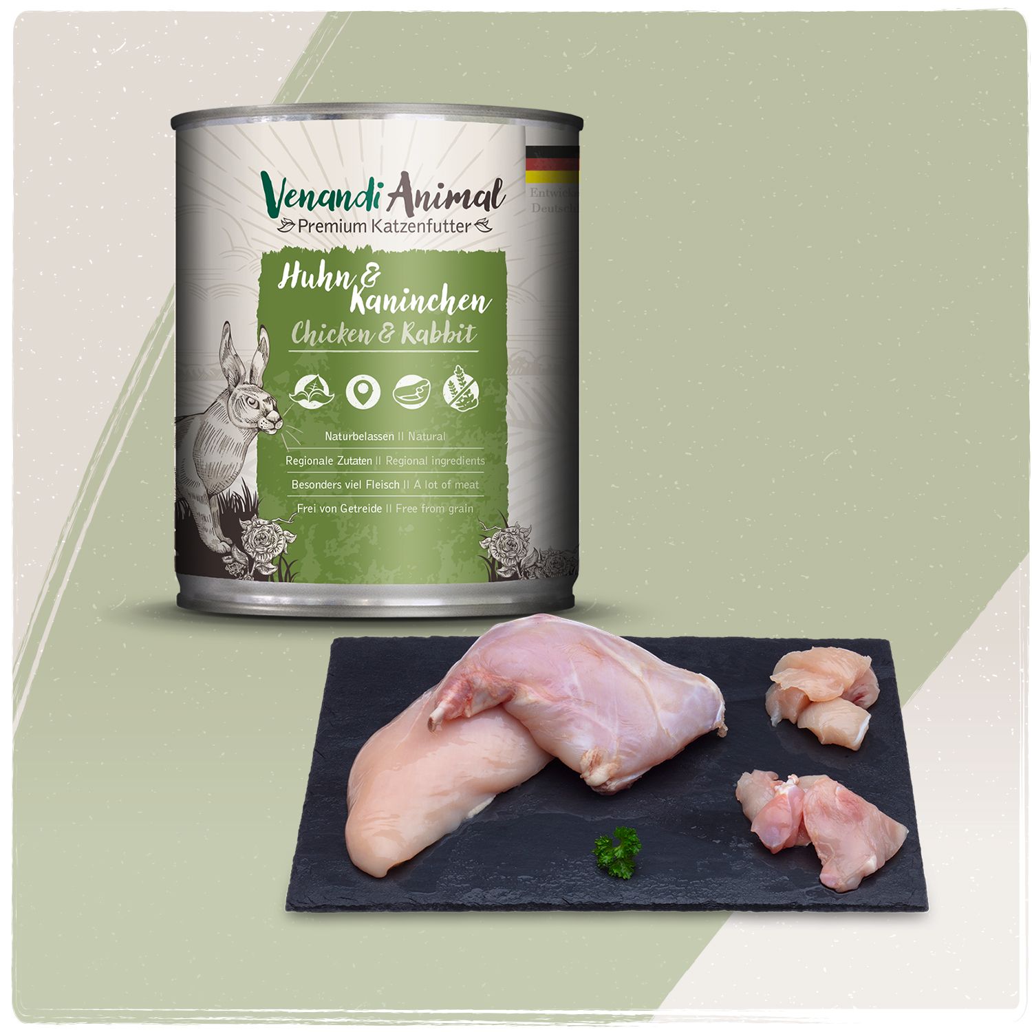 Venandi Animal Premium Katzenfutter Huhn & Kaninchen Dose mit rohem Hühnchen und Kaninchenfleisch.