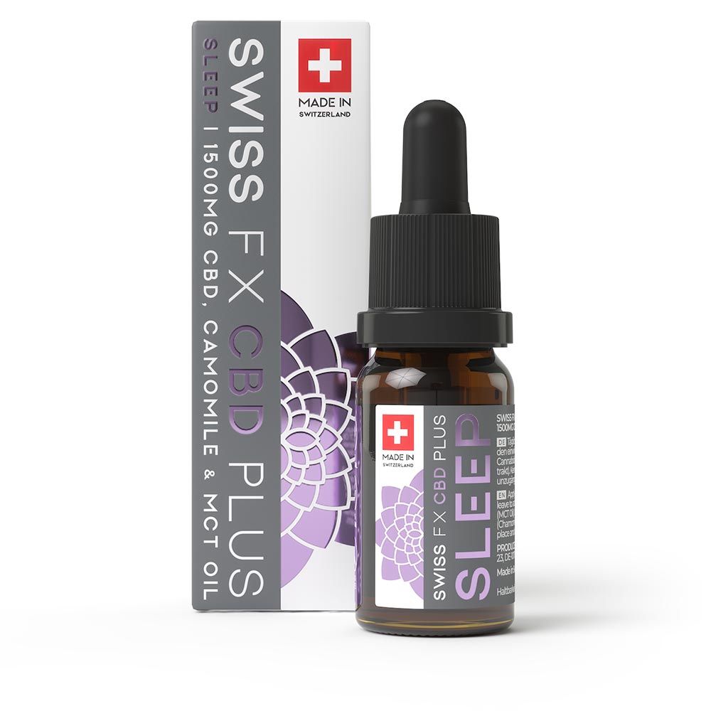Braune Glasflasche mit Tropfer und Verpackung. Aufschrift: SWISS FX CBD PLUS SLEEP, Made in Switzerland.