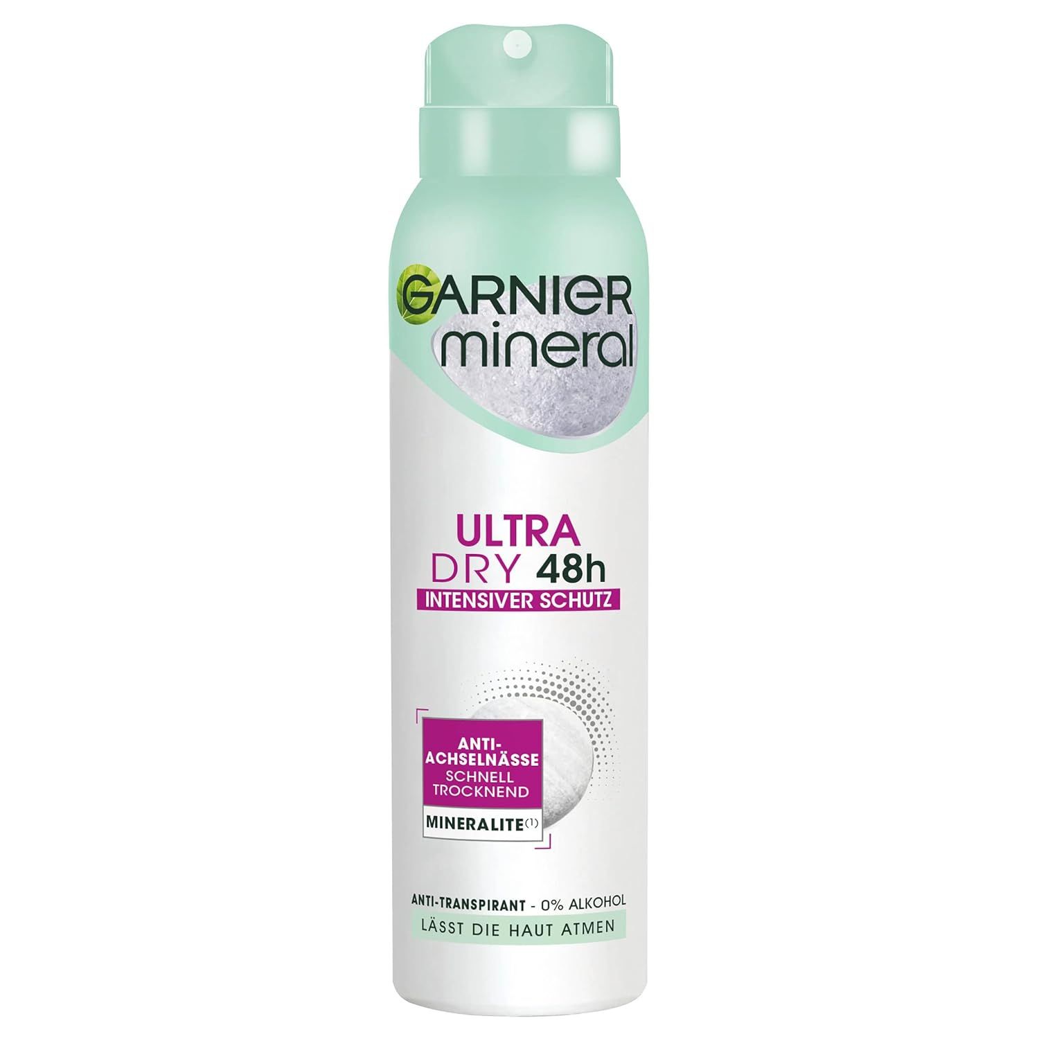 Deospray mit grünem Sprühkopf. Aufschrift: Garnier Mineral Ultra Dry 48h. Enthält Mineralite. Anti-Transpirant, 0% Alkohol.