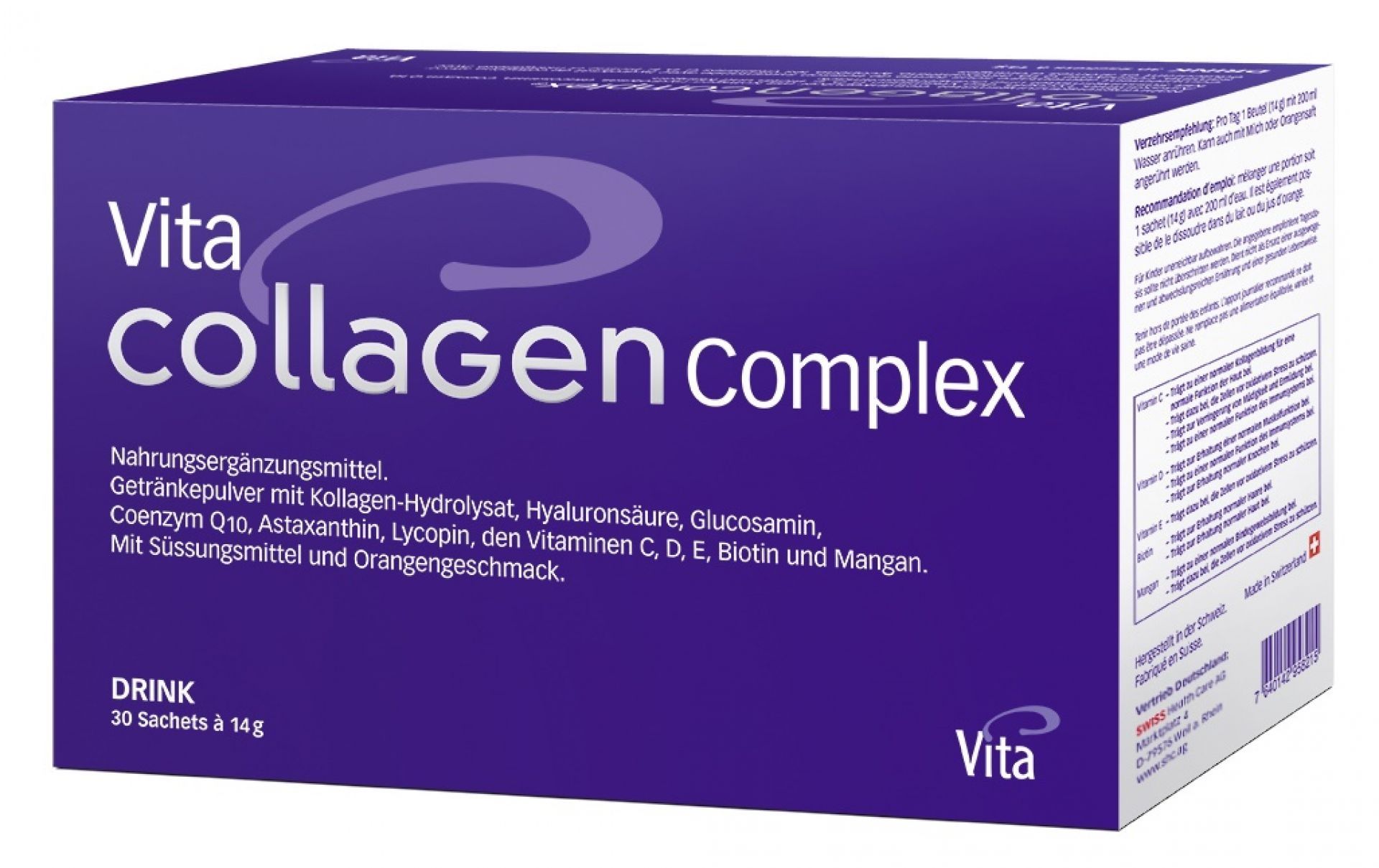 Vita Collagen Complex. Lila Schachtel mit Text. Enthält 30 Sachets.
