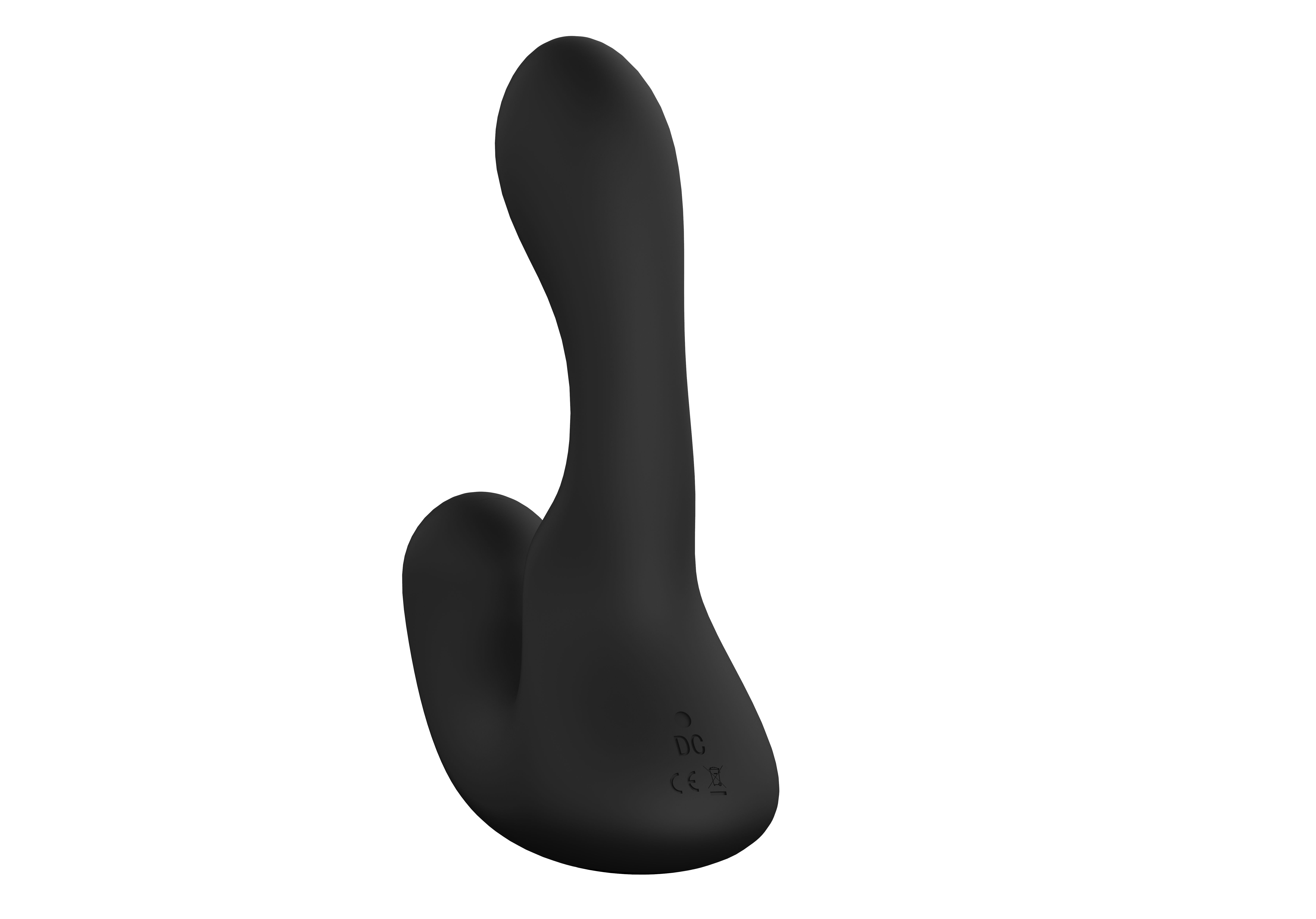Schwarzer Vibrator mit geschwungener Form. CE-Kennzeichnung ist sichtbar.