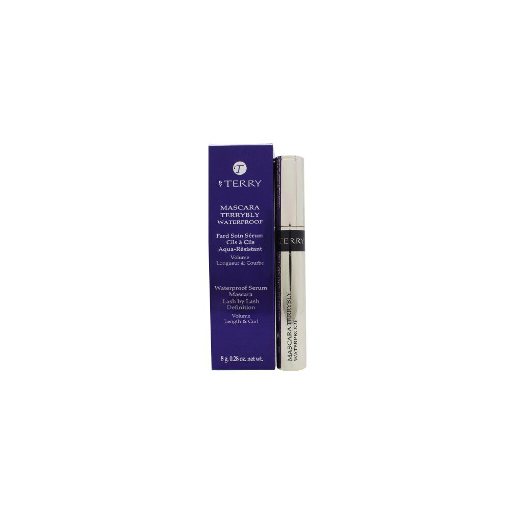 Mascara in Schachtel. Aufschrift: TERRY, TERRYBLY WATERPROOF. Blaue Schachtel, silberne Hülse.