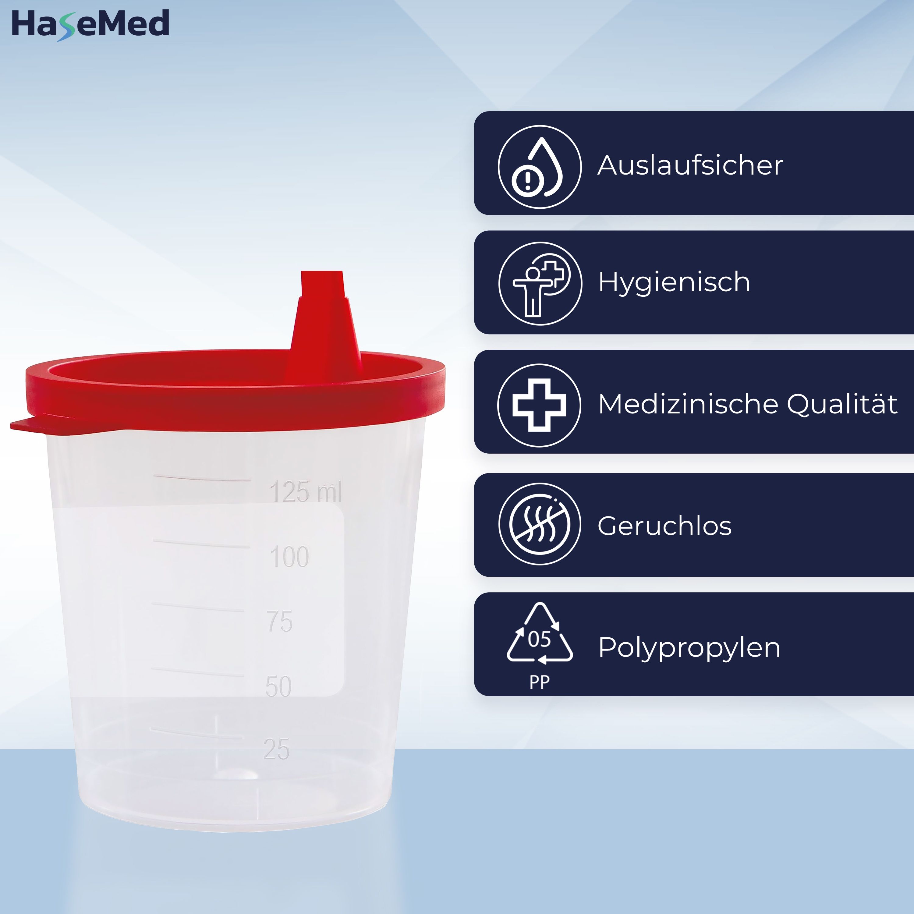 Becher mit rotem Schnappdeckel, Eigenschaften: auslaufsicher, hygienisch, medizinische Qualität, geruchlos, Polypropylen.