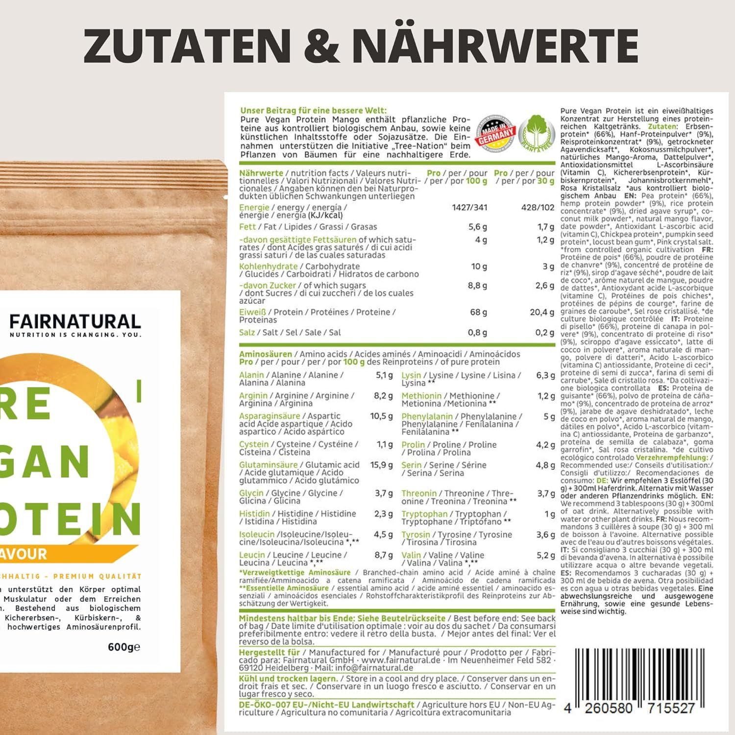 Beutel FAIRNATURAL Bio Vegan Protein-Pulver. Text: Zutaten & Nährwerte. Auflistung von Inhaltsstoffen und Nährwertangaben.