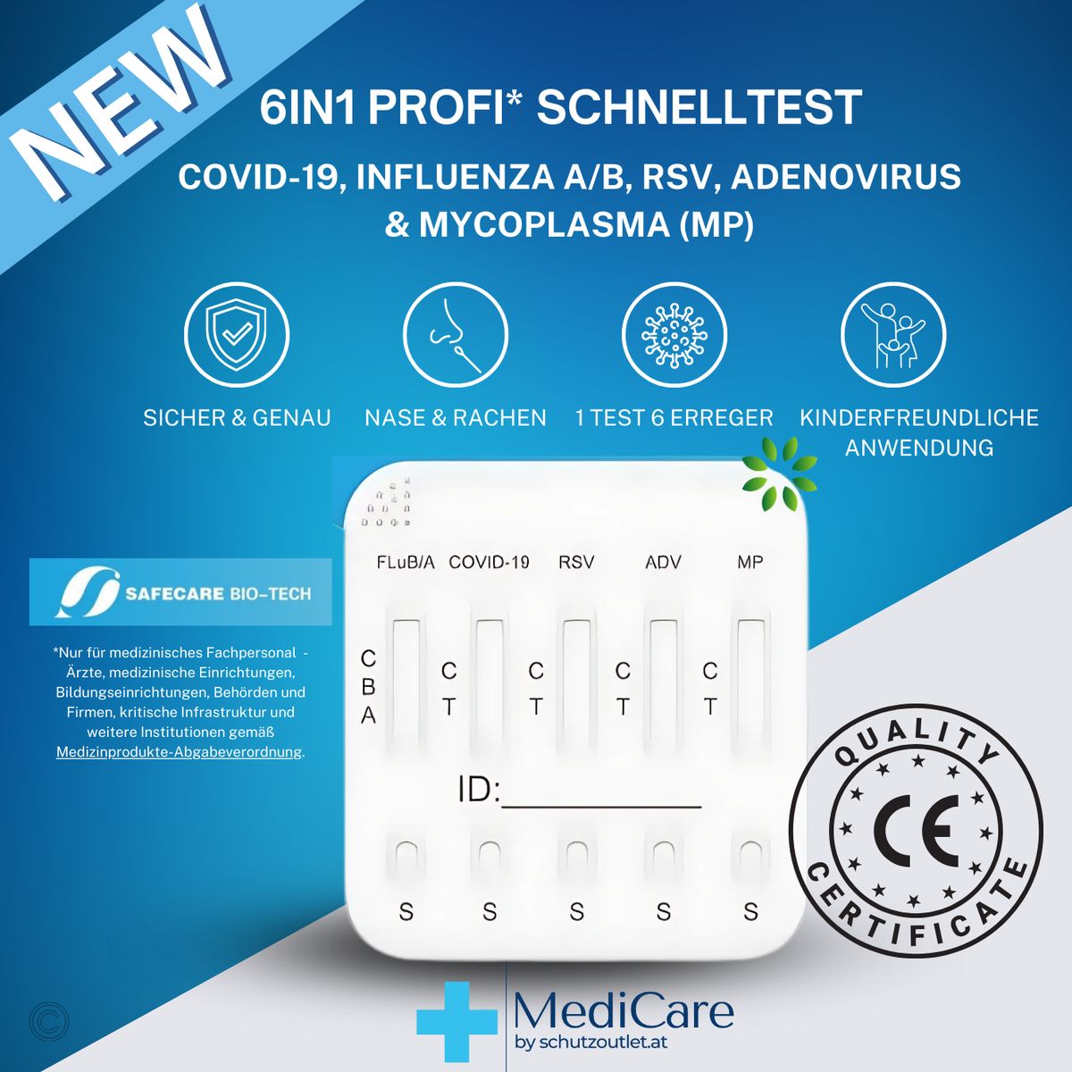 Safecare 6in1 Profitest Corona Covid-19, Grippe A/B, Rsv, Adenovirus, Mycoplasma+Gratis Nanovio Ffp2 20 St Test