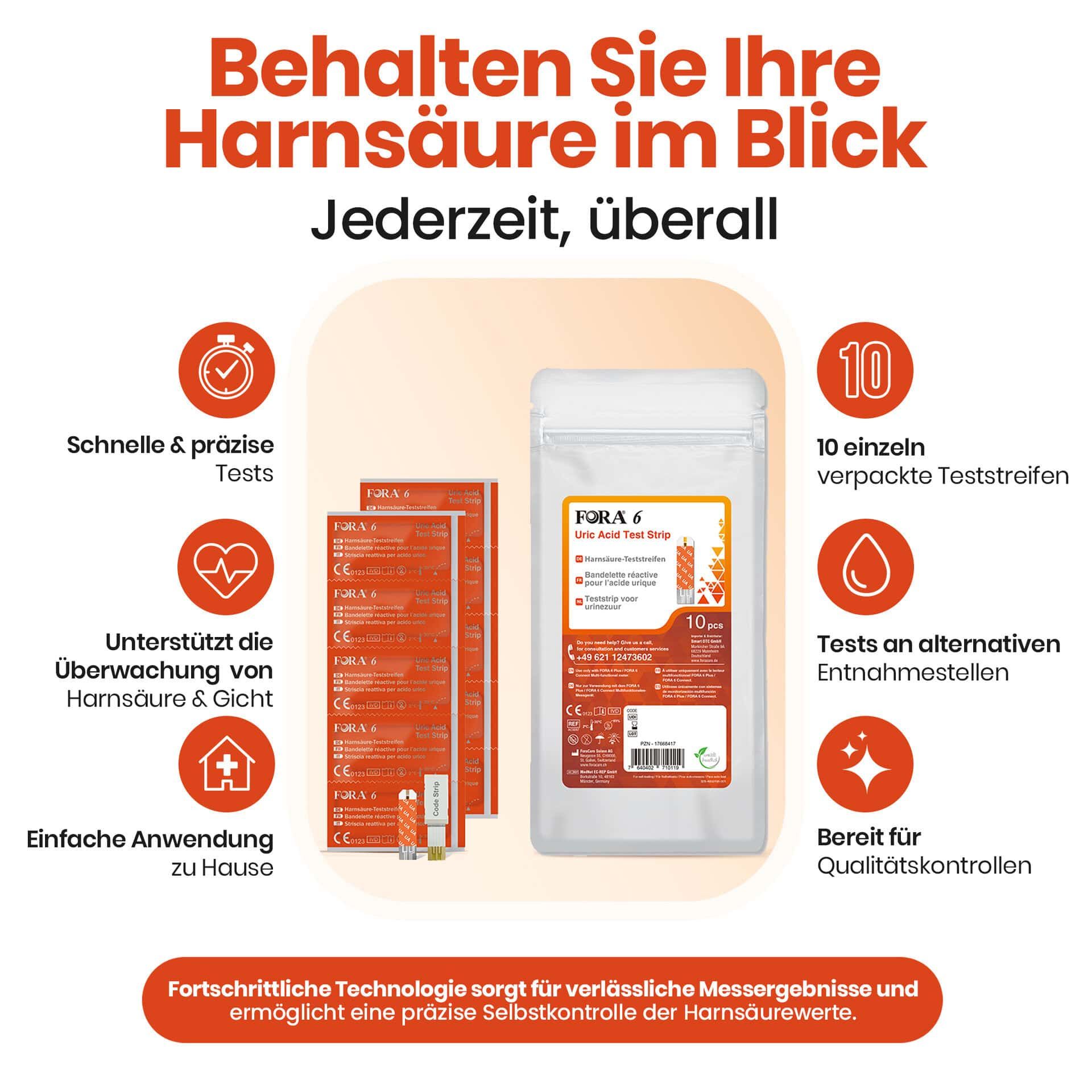 FORA 6 Harnsäure Teststreifen: Schnelle, genaue Tests zu Hause. 10 einzeln verpackte Streifen.