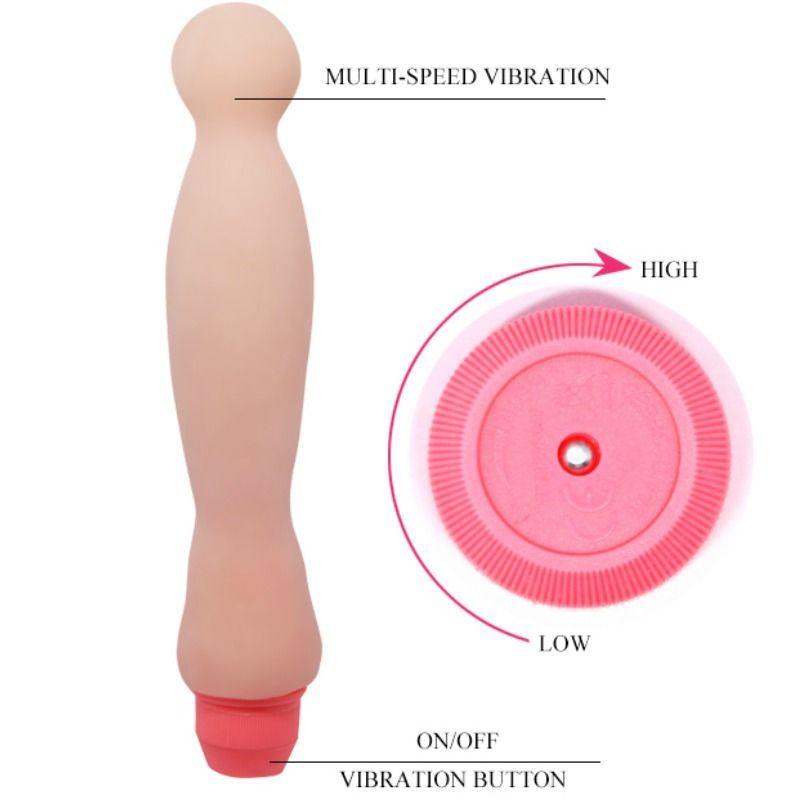 Vibrator in Hautfarbe mit roter Spitze und Drehknopf. Beschriftung: ON/OFF, HIGH, LOW.