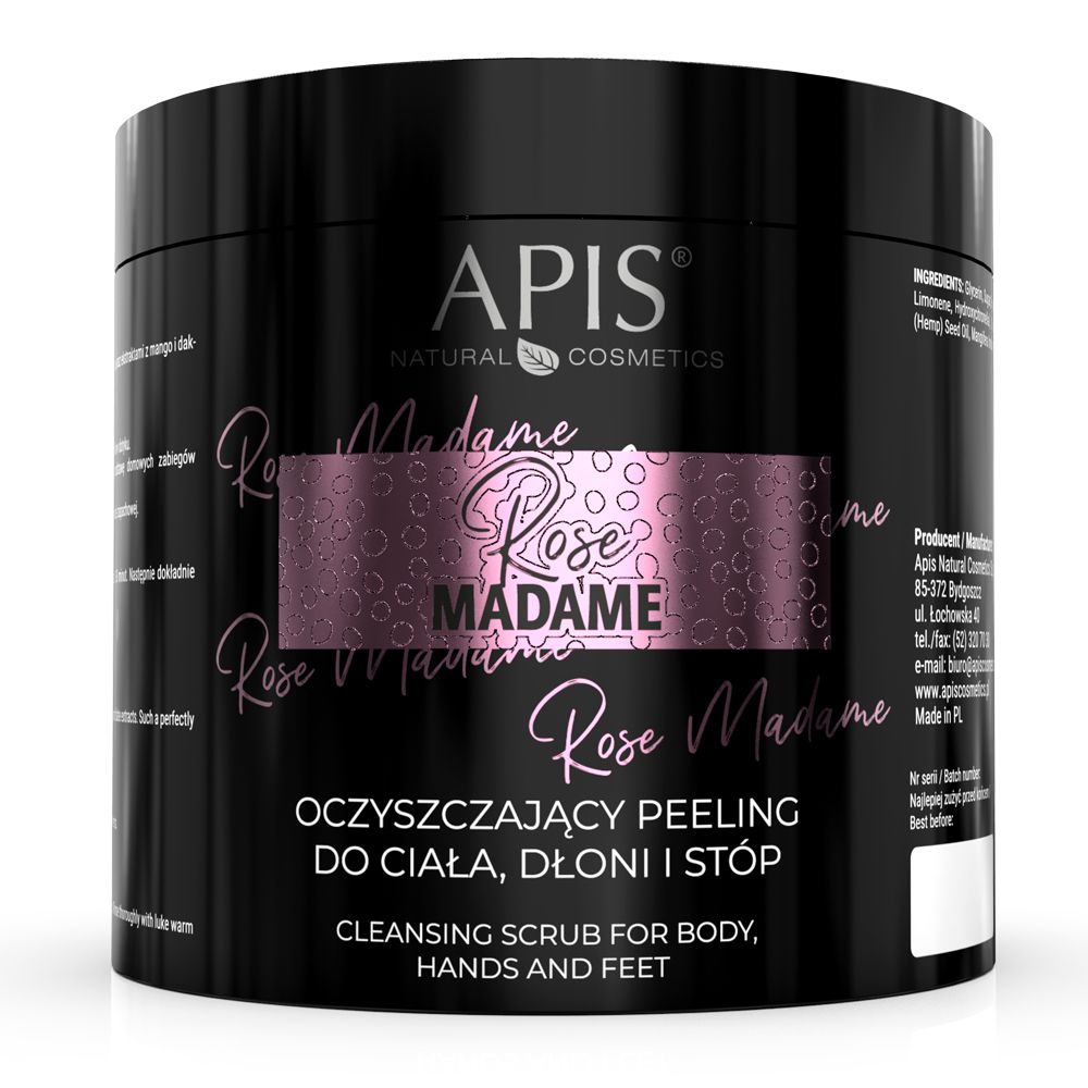 Schwarzer Tiegel mit rosa Etikett. Aufschrift: APIS, Rose Madame, Reinigendes Peeling für Körper, Hände und Füße.