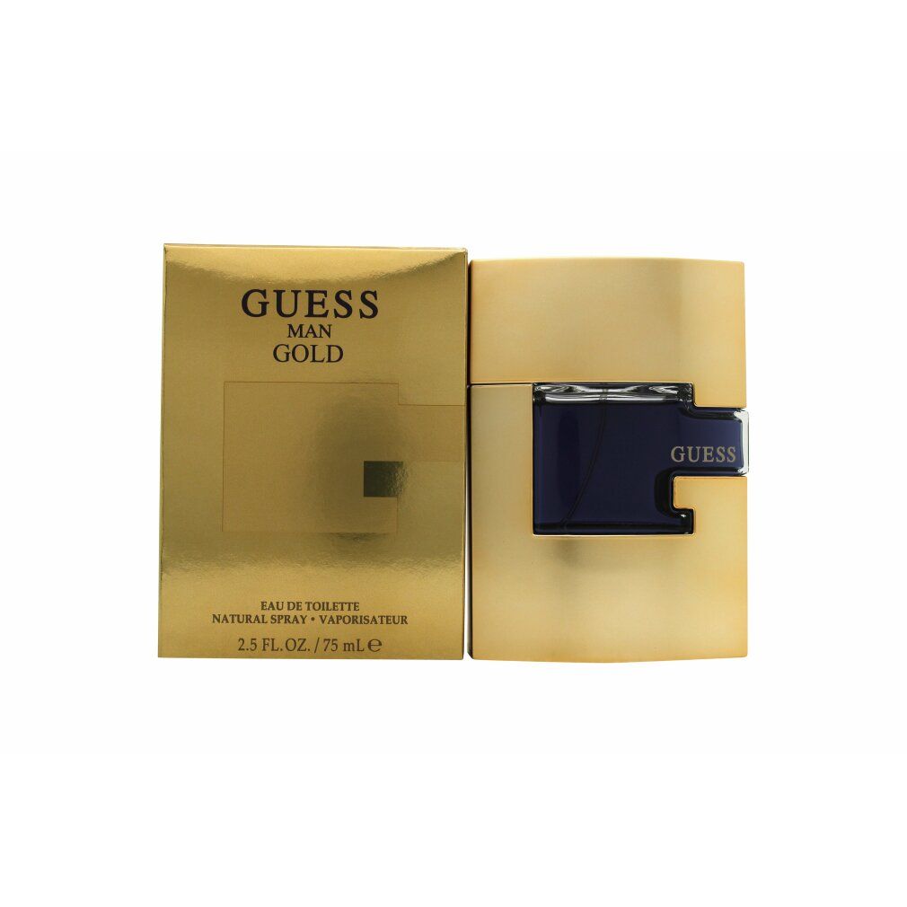 Goldfarbener Flakon und Verpackung. Aufschrift: GUESS MAN GOLD. Flakon mit blauem Detail. Text: Eau de Toilette.