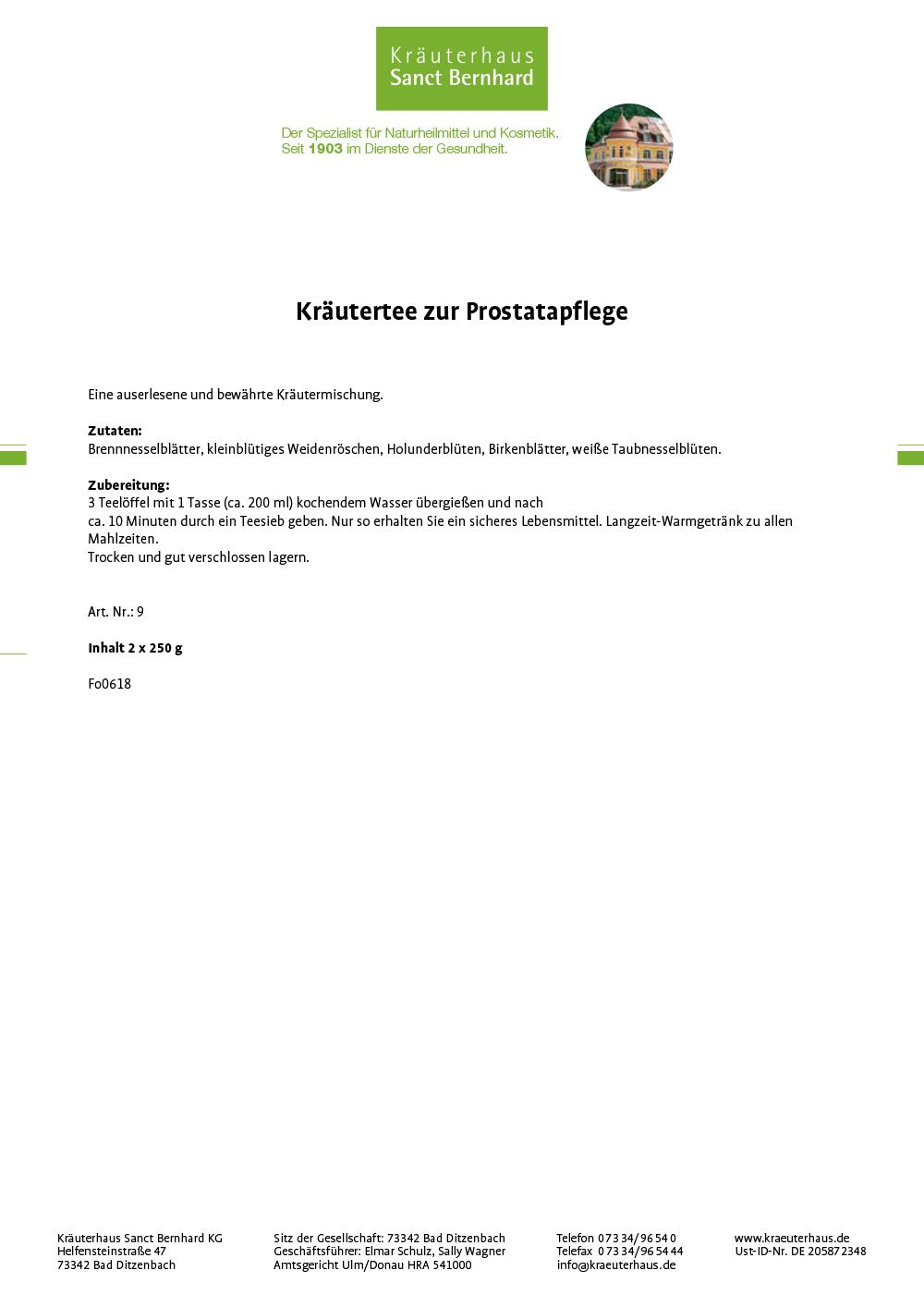 Sanct Bernhard Kräutertee zur Prostatapflege | Kräutermischung