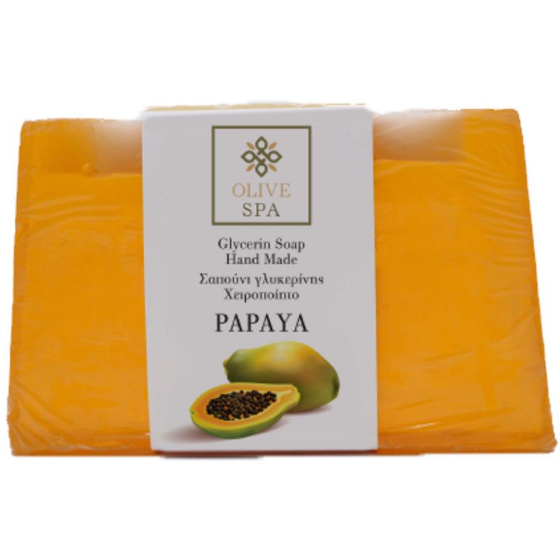 Orangefarbene Glycerinseife mit Papaya-Etikett. Aufschrift: Olive Spa, Glycerin Soap, Hand Made, Papaya. Abgebildet: Papaya-Frucht.