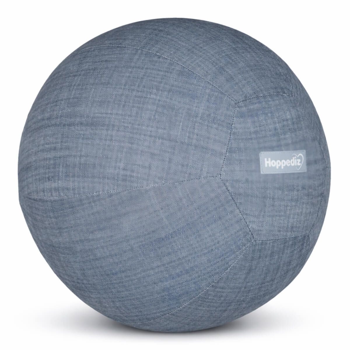 Blauer Stoffball mit Logo "Hoppediz". Runde Form, genäht. Textiloberfläche.
