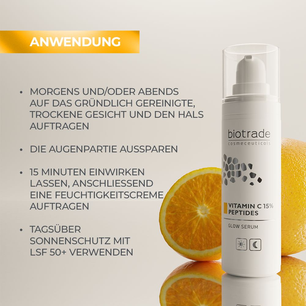 Serumflasche neben Orange. Text: Anwendung. Morgens/abends auftragen, Augenpartie aussparen, 15 Min. einwirken lassen.