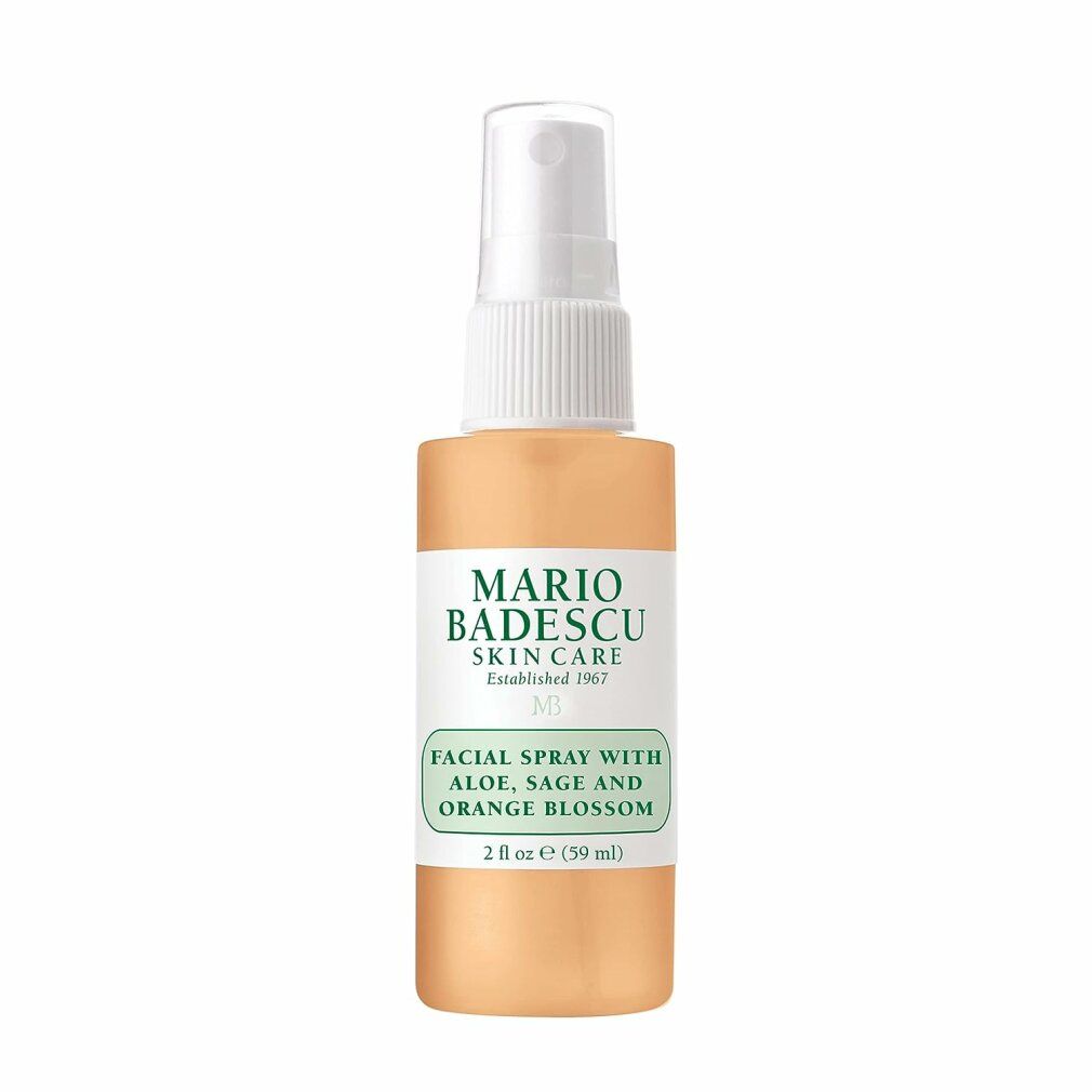 Gesichtsspray mit Aloe, Salbei und Orangenblüte. Flasche mit Sprühkopf. Produktetikett mit Markenname und Produktbezeichnung.