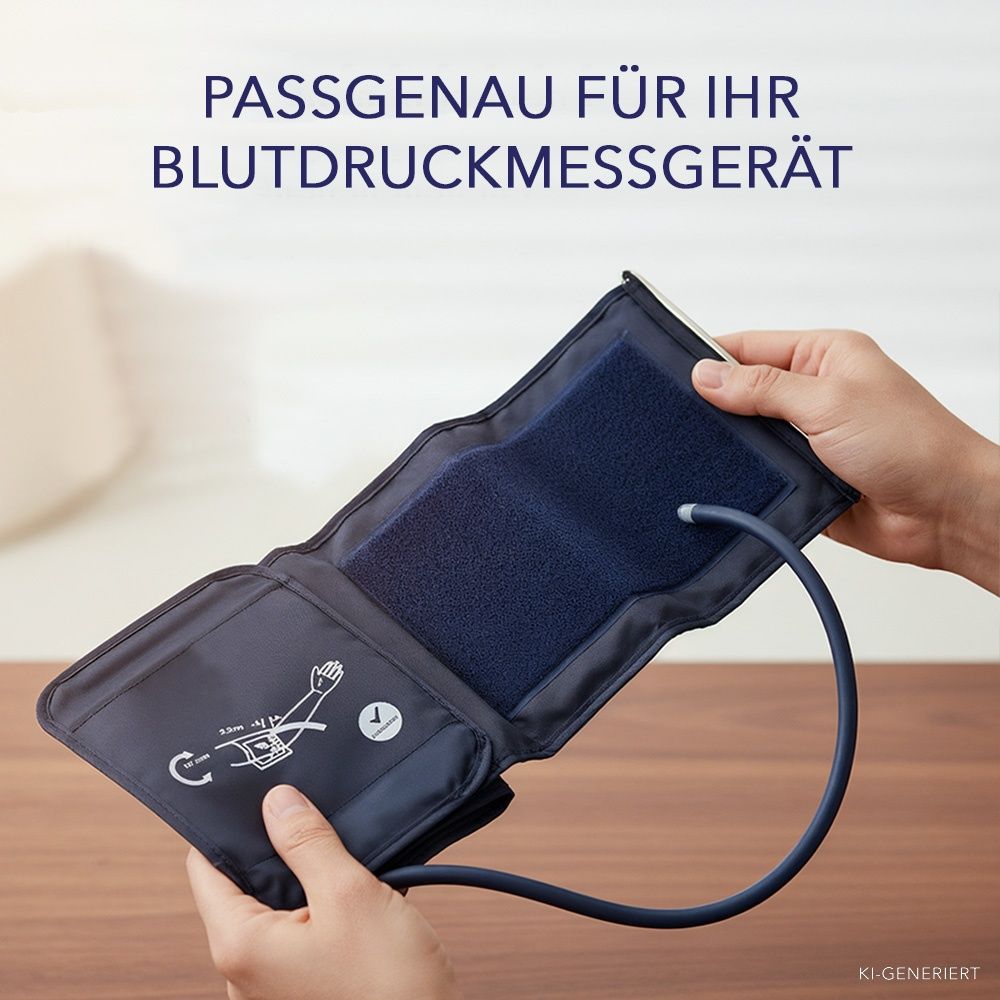 Dunkelblauer Blutdruckmanschette mit Schlauch und Klettverschluss. Zeigt Anwendungssymbole.