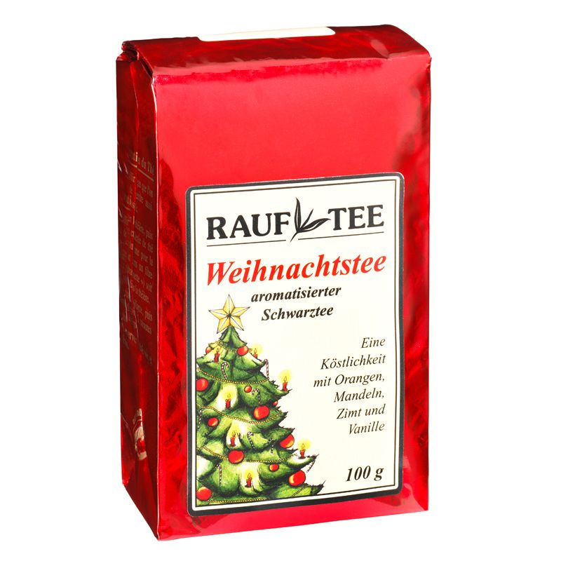 Rote Verpackung von Rauf Tee Weihnachtstee. Etikett mit Weihnachtsbaum, Text und Logo.