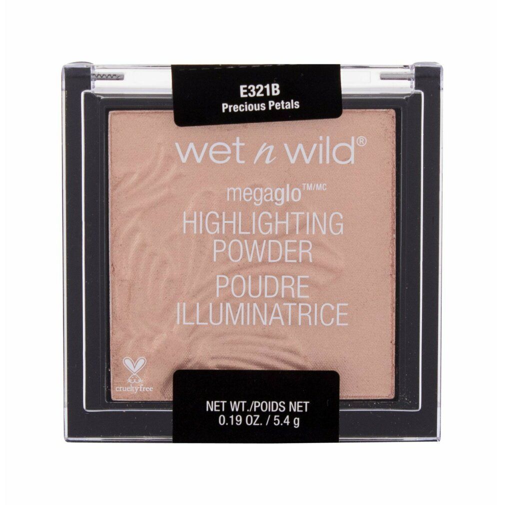 Highlighter-Puder in quadratischer Verpackung. Aufschrift: Wet n Wild Megaglo Highlighting Powder. Mit Produktbezeichnung und Gewicht.