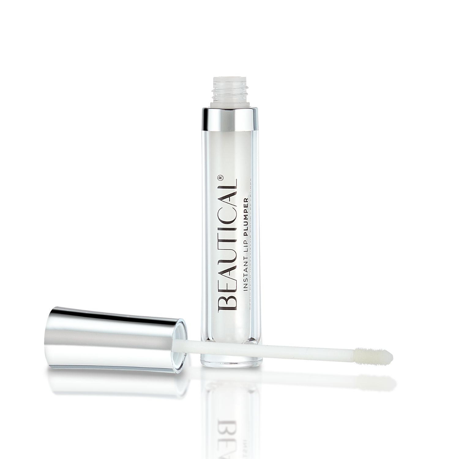 BEAUTICAL Instant Lip Plumper. Transparente Tube mit silbernem Deckel. Weißer Applikator.