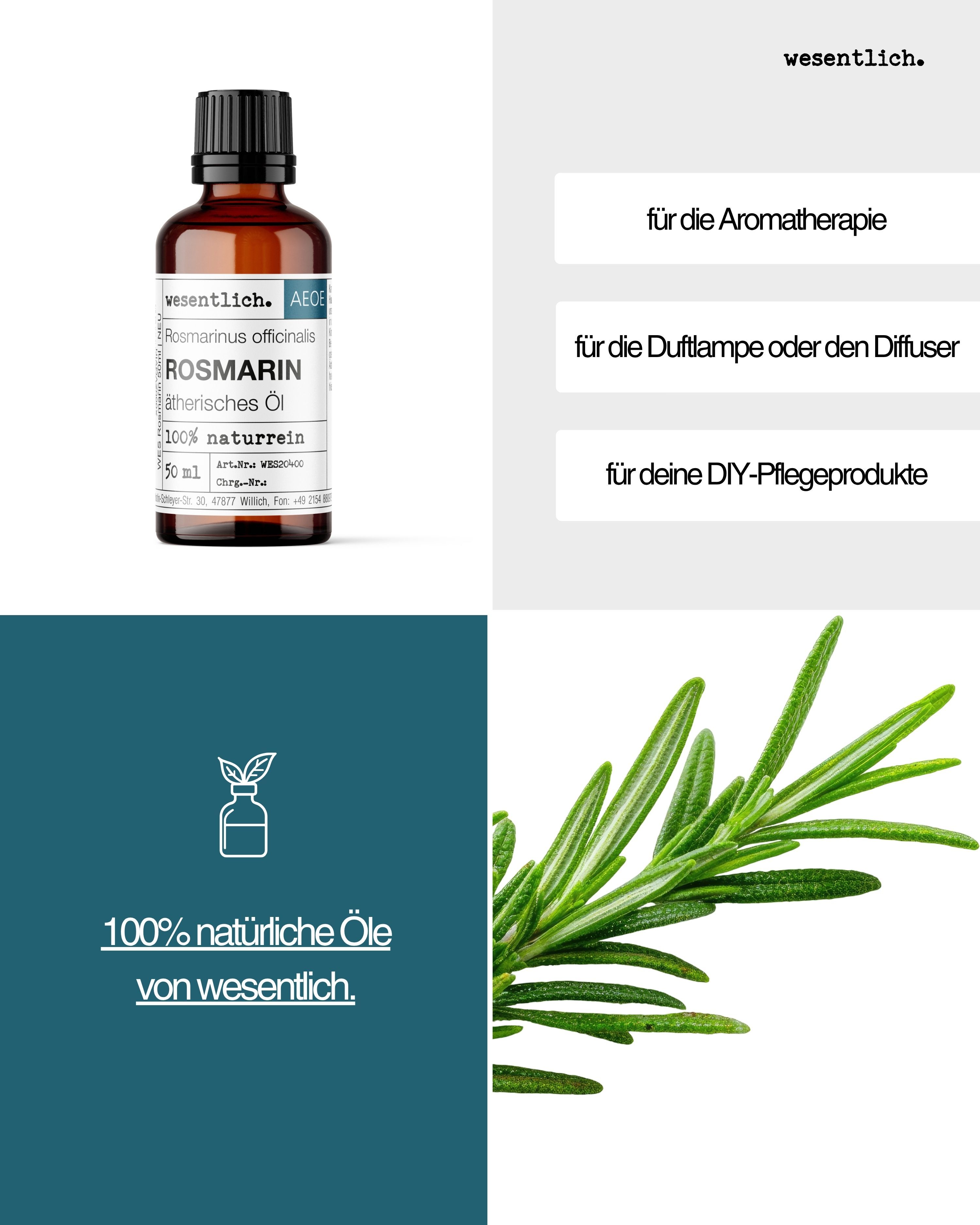 Flasche Rosmarinöl neben Textfeldern zu Aromatherapie und DIY-Pflegeprodukten, Rosmarinzweig.