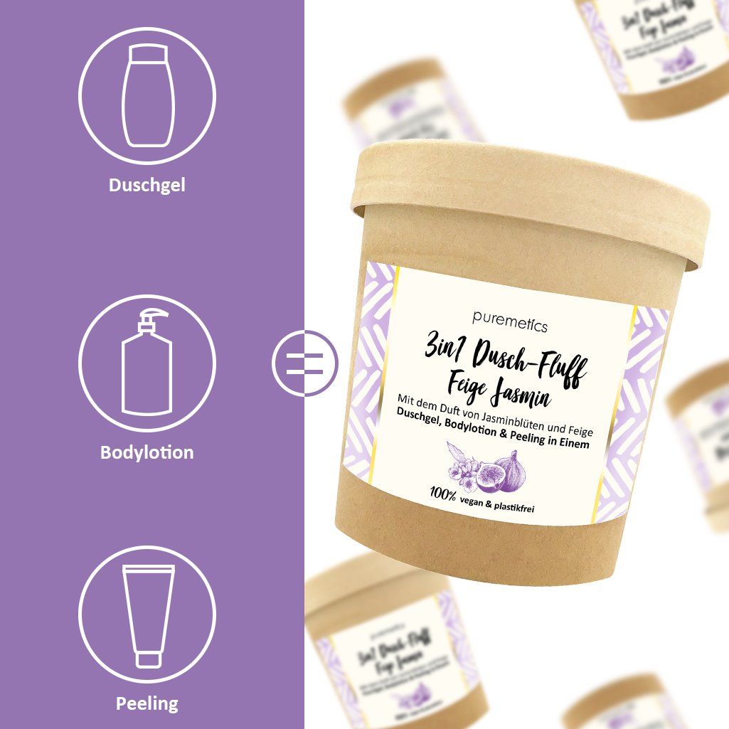 Emballage du produit et icônes. Gel douche, lotion pour le corps et gommage. Inscription: 3in1 Dusch-Fluff Feige Jasmin. 100% vegan & sans plastique.