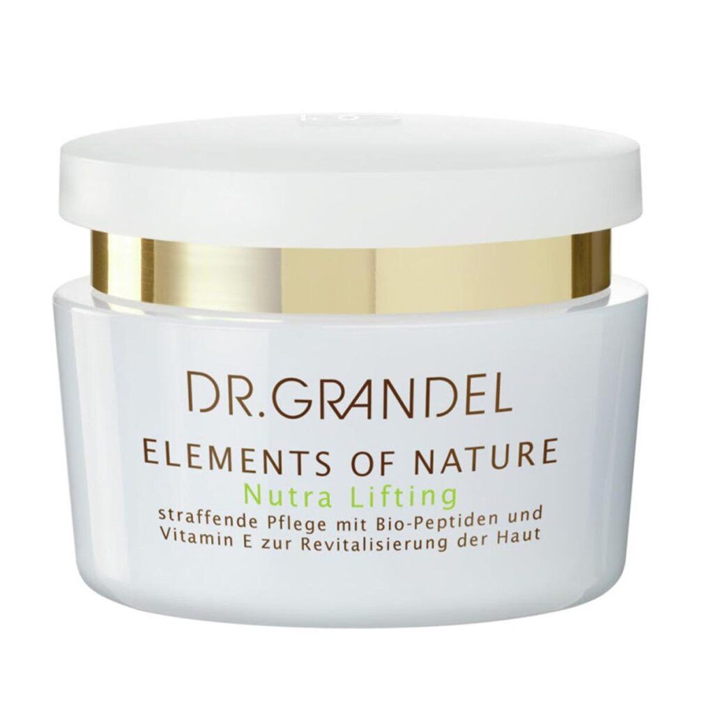 Weißer Tiegel mit goldfarbenem Ring. Aufschrift: DR. GRANDEL ELEMENTS OF NATURE Nutra Lifting. Straffende Pflege.