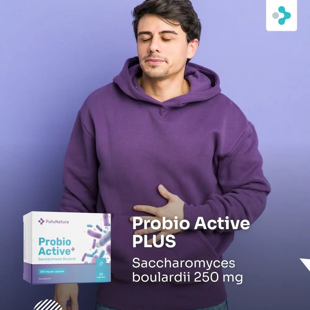 Mann hält sich den Bauch, neben FutuNatura Probio Active PLUS Packung.