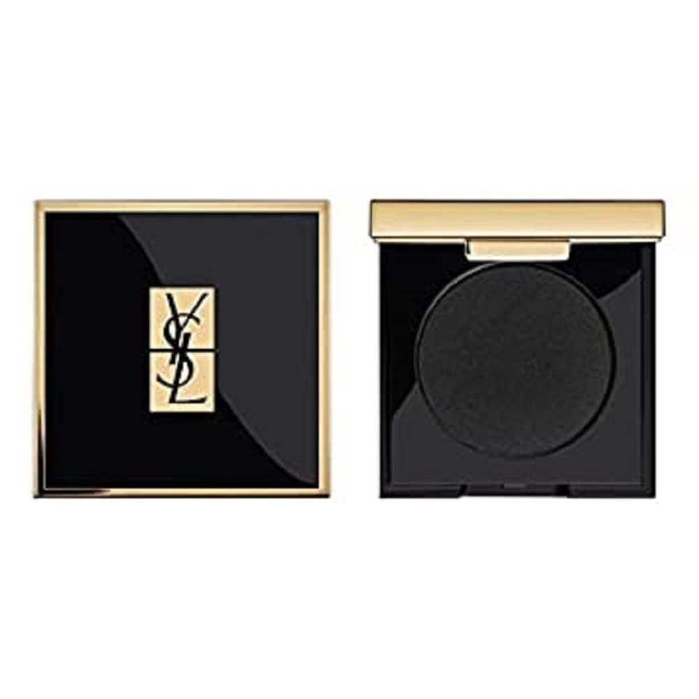 Schwarzer Lidschatten-Kompaktpuder mit goldenem Rahmen. Logo: Yves Saint Laurent. Offen und geschlossen dargestellt.