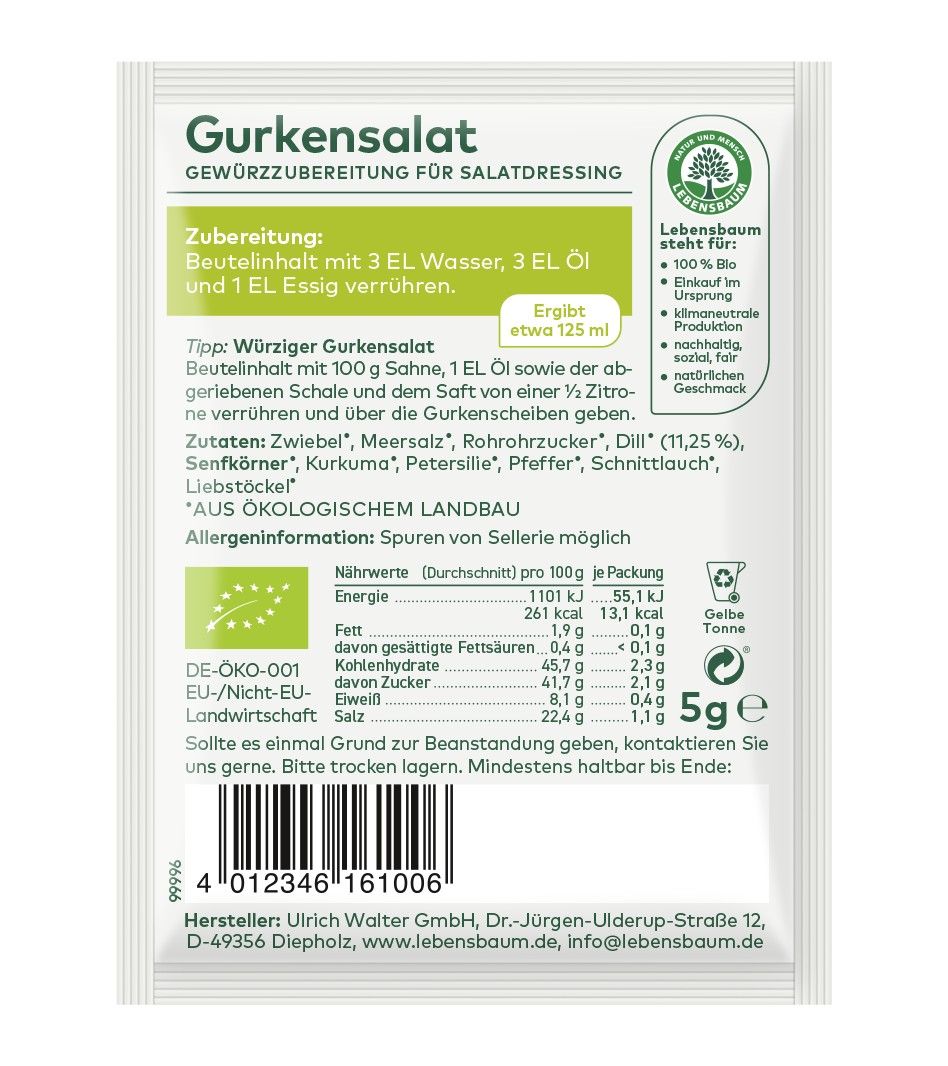 Rückseite einer Gewürzmischung für Gurkensalatdressing mit Nährwertangaben und Zutatenliste.