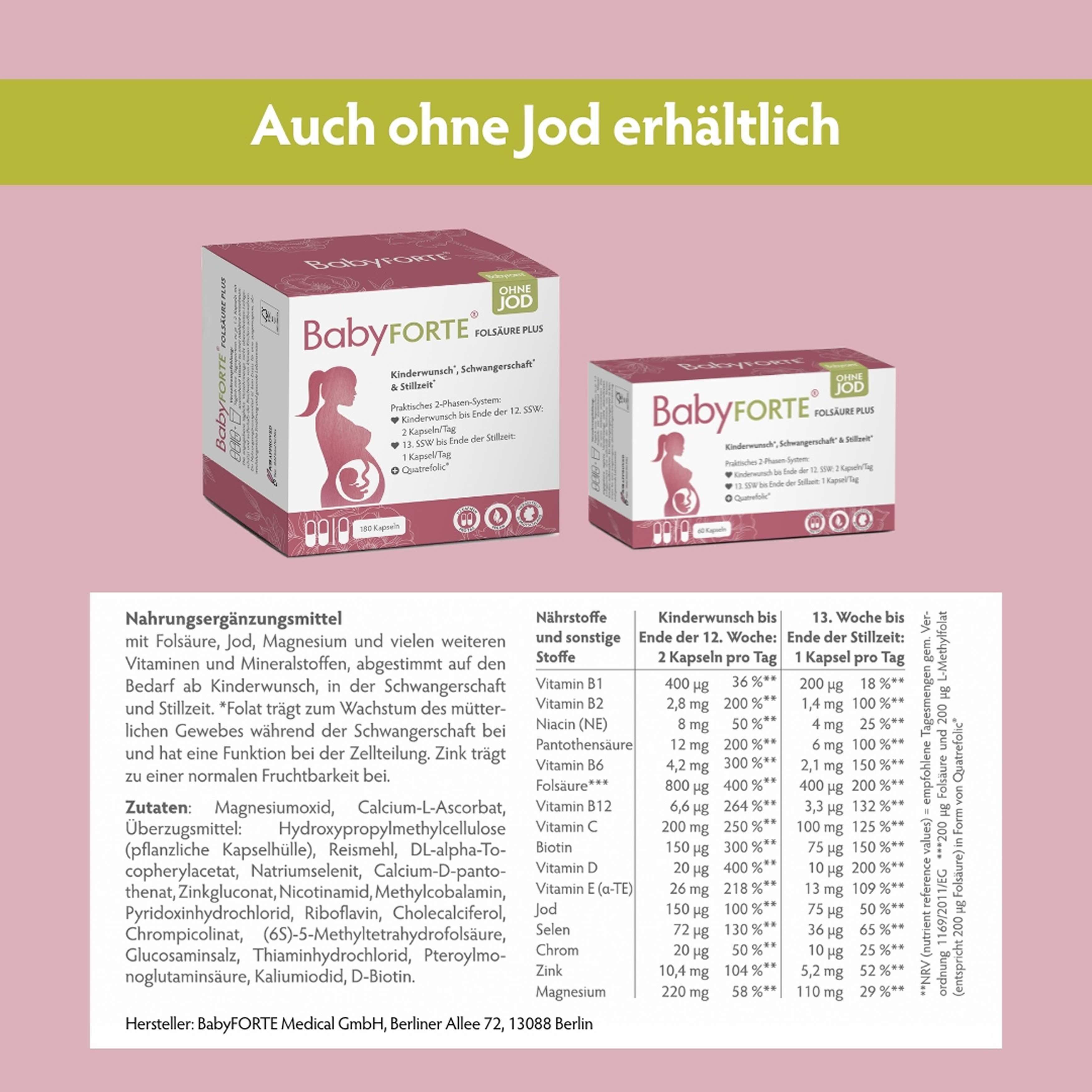 Zwei BabyFORTE-Packungen. Text: Auch ohne Jod erhältlich. Nährwerttabelle. Zutatenliste. Hersteller: BabyFORTE Medical.