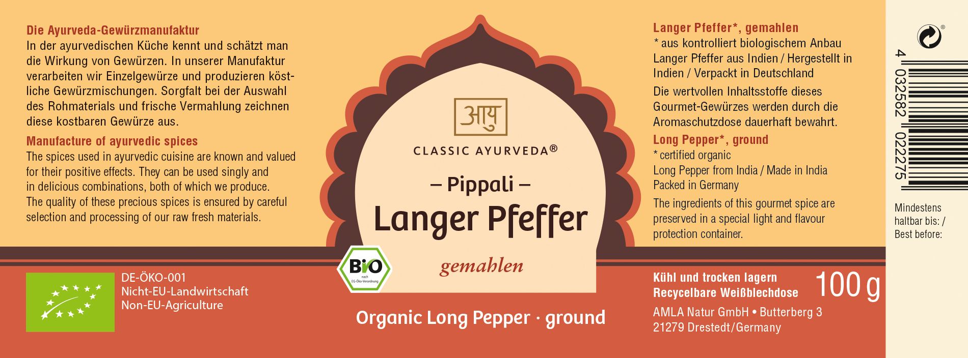 Etikett mit Text: Classic Ayurveda - Pippali - Langer Pfeffer. Bio-Siegel. Text in Deutsch und Englisch.
