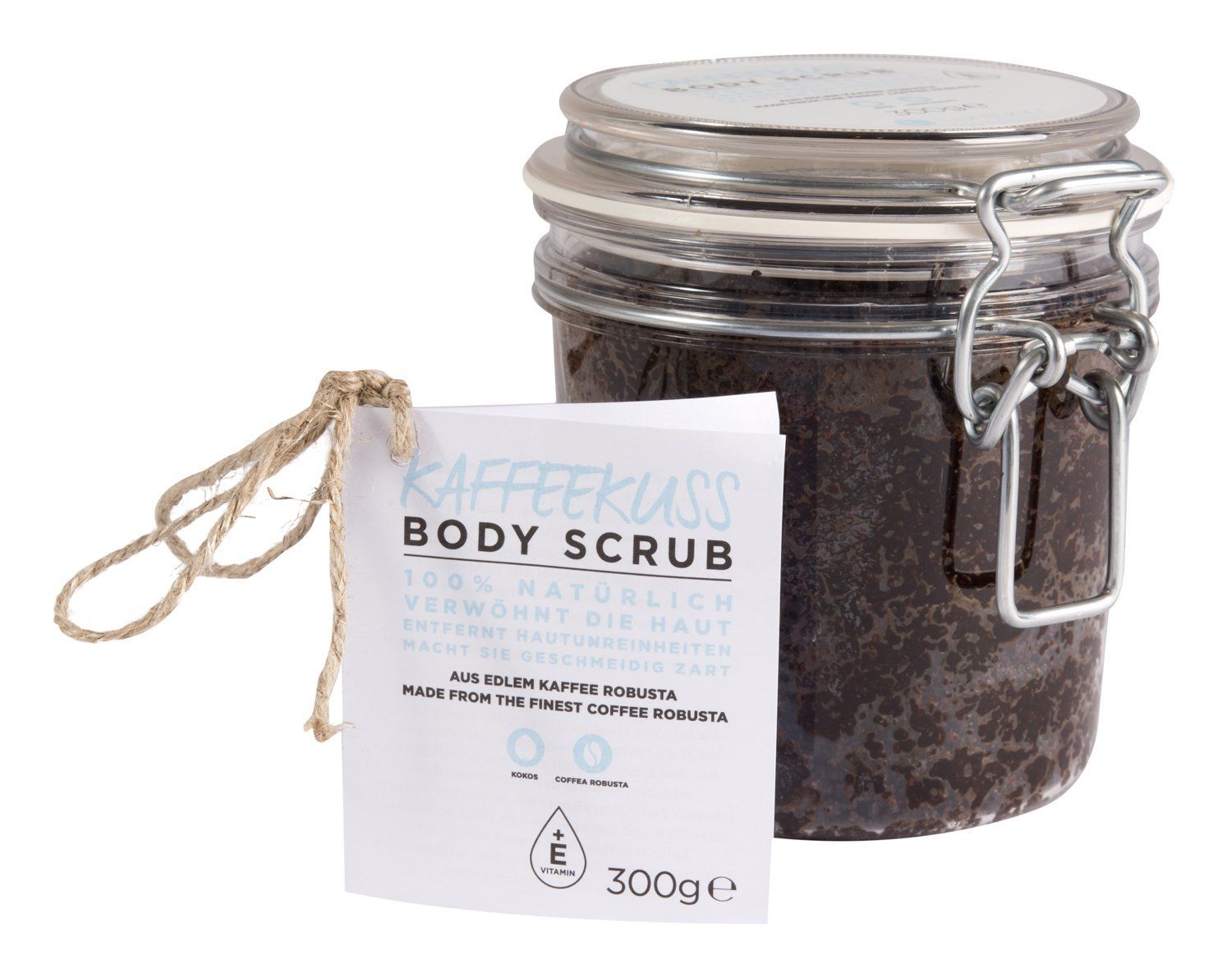 Glas mit Körperpeeling, Etikett mit Produktinformationen. Kaffeekuss Body Scrub, 300g. Mit Kordel befestigt.