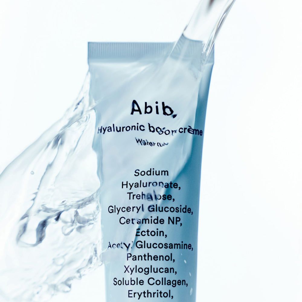 Abib Hyaluronic crème Tube mit Wasserstrahl. Enthält Sodium Hyaluronate, Trehalose, Ceramide NP.
