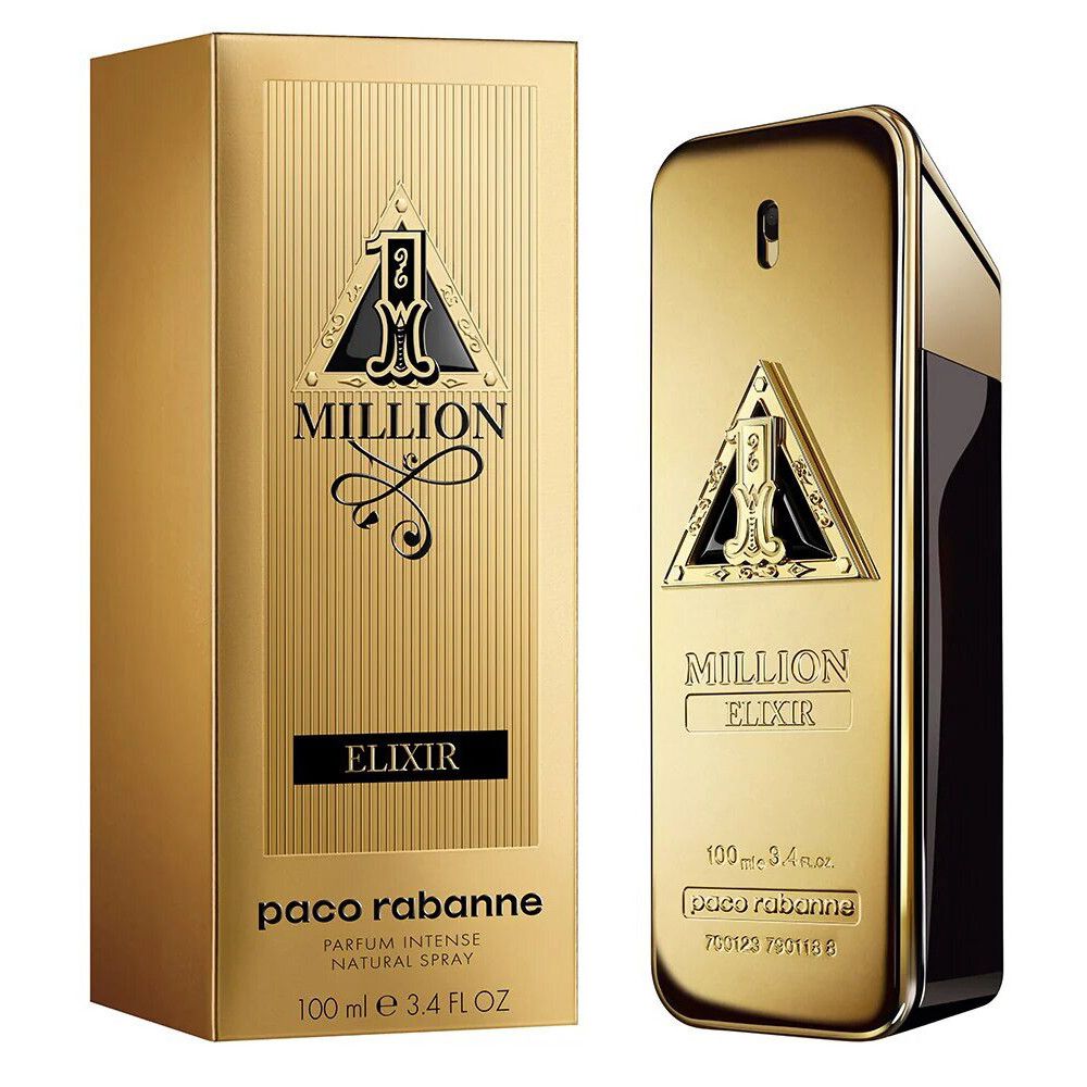 Goldfarbener Flakon und Verpackung. Aufschrift: Million Elixir, Paco Rabanne. 100 ml.