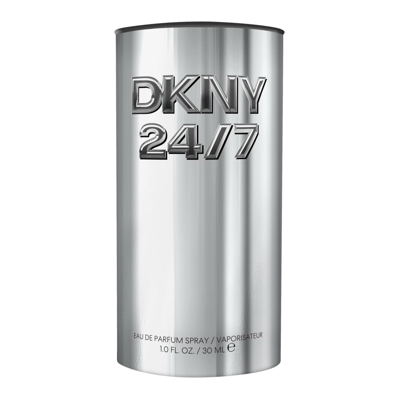 Zylindrische, silberfarbene Verpackung. Aufschrift: DKNY 24/7. EdP Nat. Spray. 1.0 FL. OZ. / 30 ml e.
