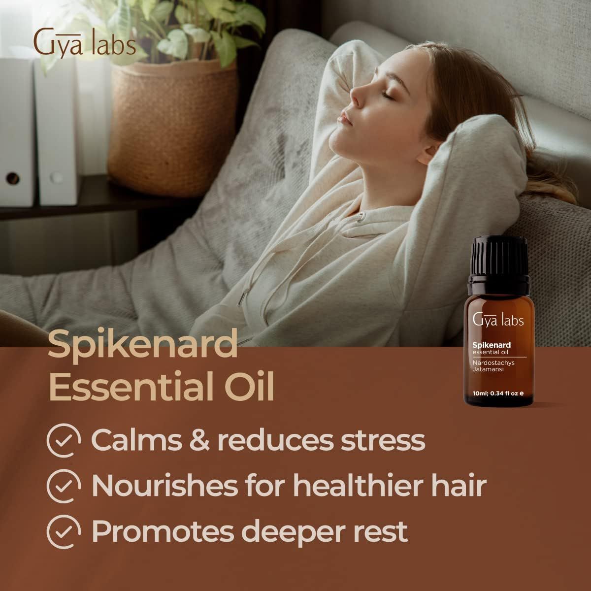 Braune Glasflasche mit Etikett. Text: Gya Labs, Spikenard Essential Oil. Vorteile: Beruhigt, reduziert Stress, nährt das Haar, fördert tiefen Schlaf.