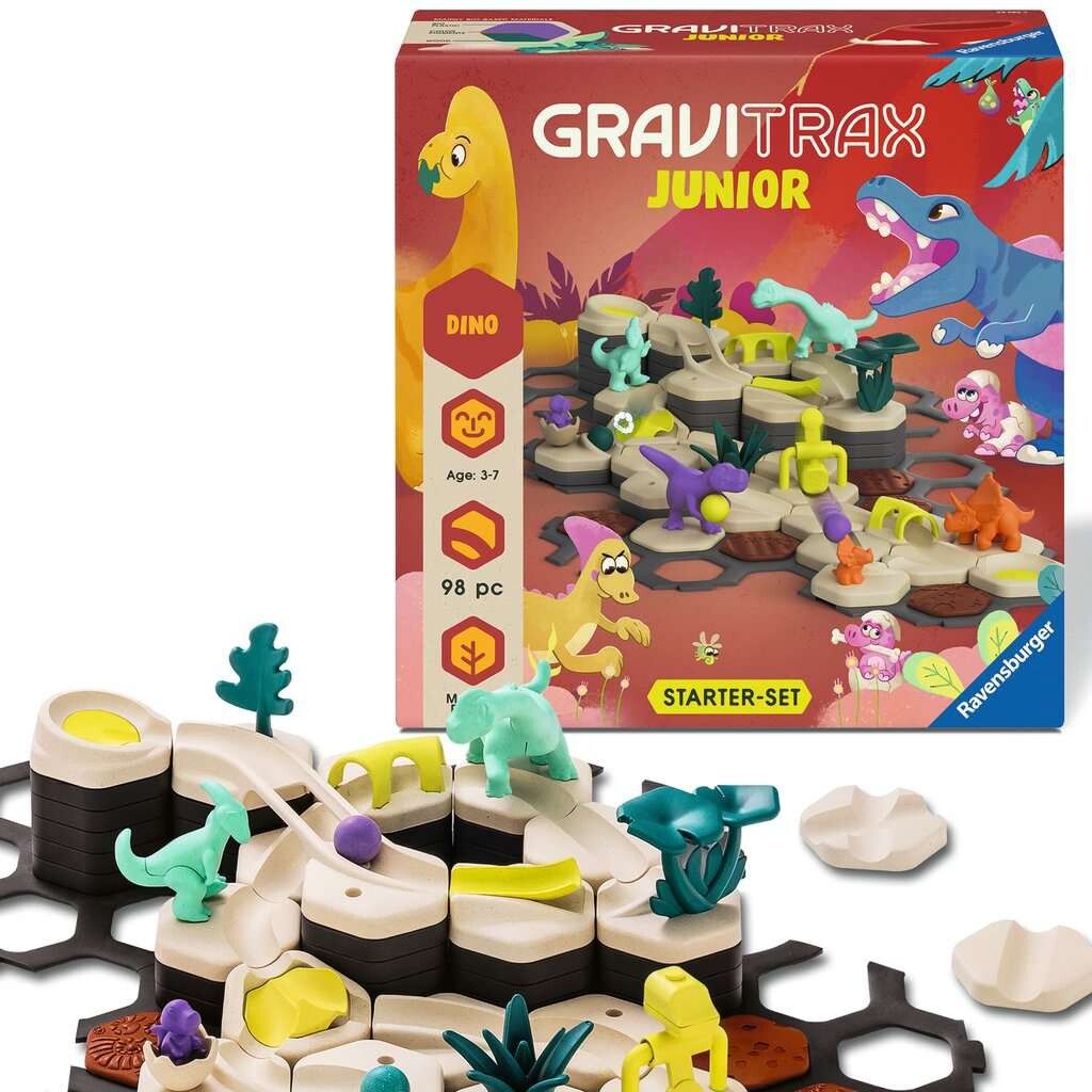 Gravitrax Junior Dino Starter-Set mit 98 Teilen, Alter 3-7. Enthält bunte Dinosaurier-Figuren und Bausteine für eine Murmelbahn.