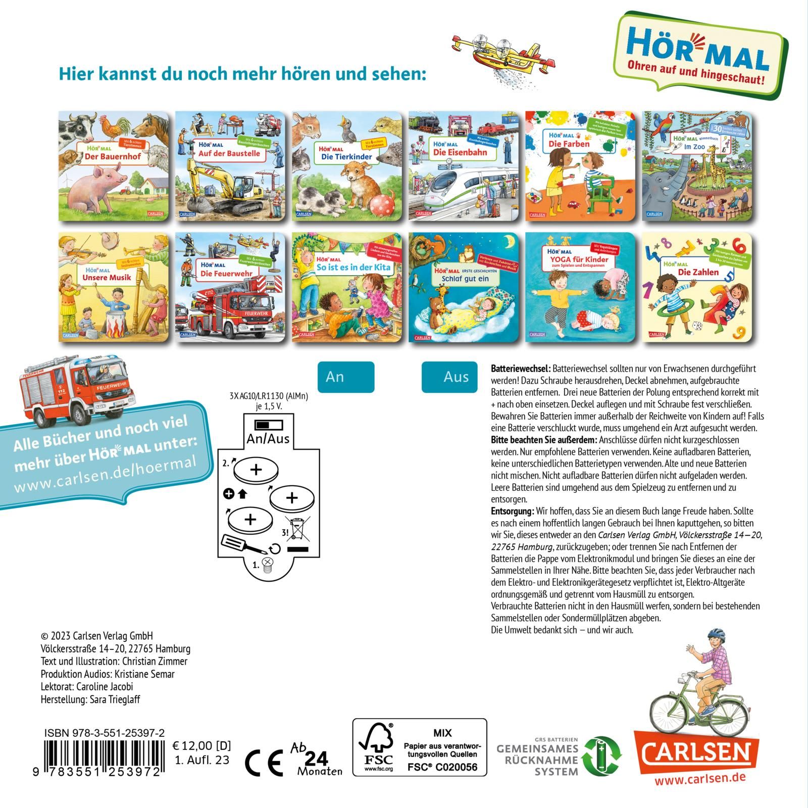 Rückseite des Buches "Hör mal". Titel, weitere Buchcover, Bedienungsanleitung für Batteriewechsel. Carlsen-Logo.