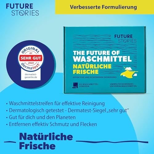 Box mit Waschmittelstreifen. Text: Dermatest-Siegel, Naturliche Frische. Logo: Dermatest. Hintergrund: blau.