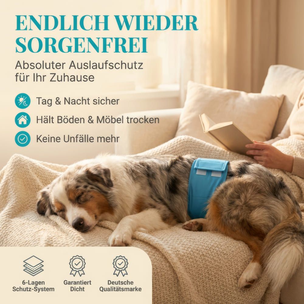 Hund mit blauer Windel liegt auf Sofa. Text: Endlich wieder sorgenfrei. 6-Lagen-Schutz-System. Deutsche Qualitätsmarke.