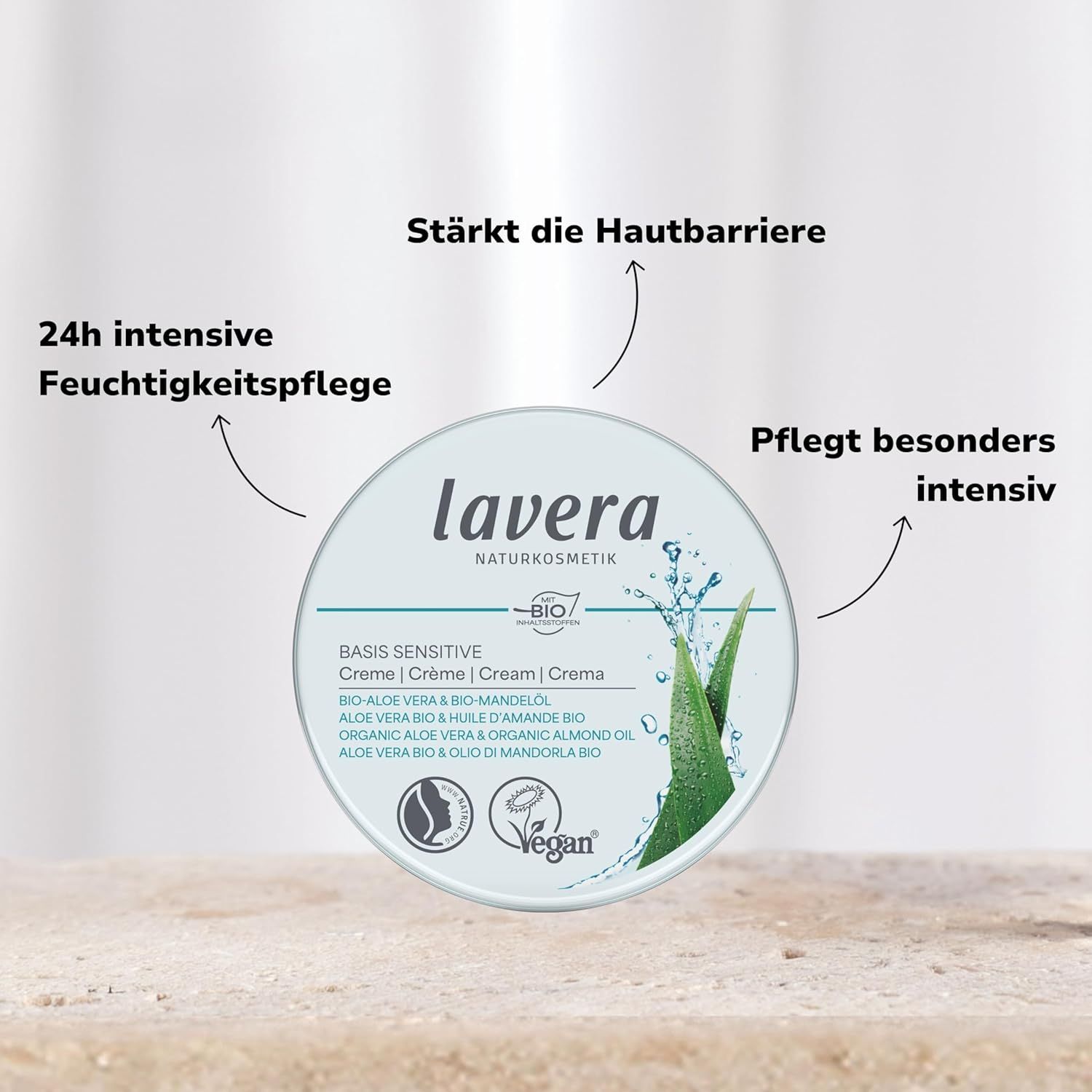 Produktverpackung mit Text und Grafiken. Text: Basis Sensitive, Bio-Aloe Vera & Bio-Mandelöl. Grafiken: Aloe Vera, Wasser. Zusätzliche Texte: 24h Feuchtigkeitspflege, stärkt die Hautbarriere.