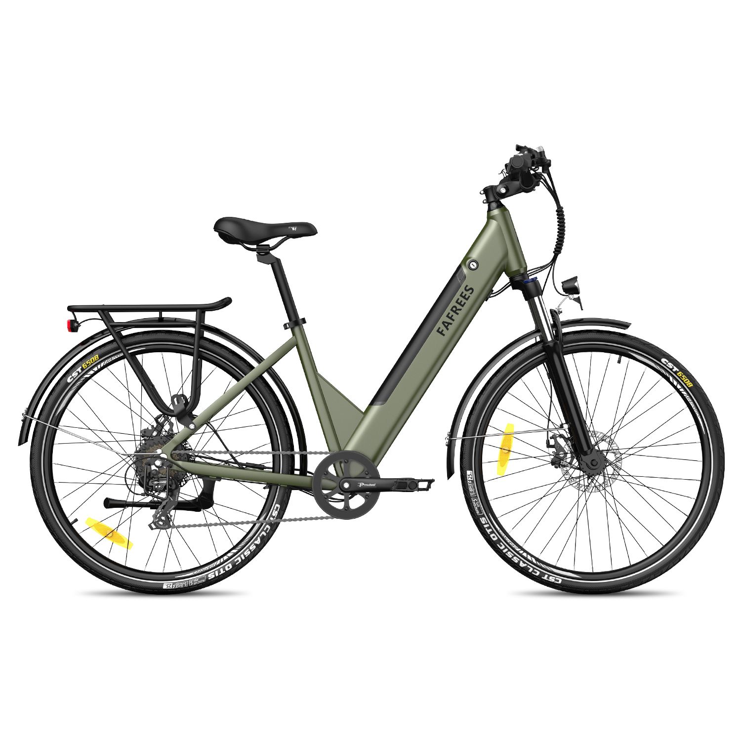 Grünes E-Bike mit Gepäckträger, Schutzblechen und dem Schriftzug FAFREES. Schwarze Reifen und Sattel.